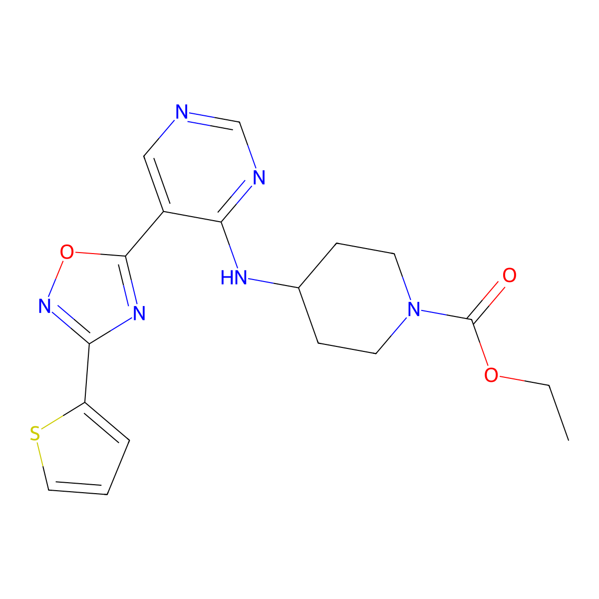 Ethyl 4-({5-[3-(thiophen-2-yl)-1,2,4-oxadiazol-5-yl]pyrimidin-4-yl}amino)piperidine-1-carboxylate molecular structure, CAS 2549044-64-4
