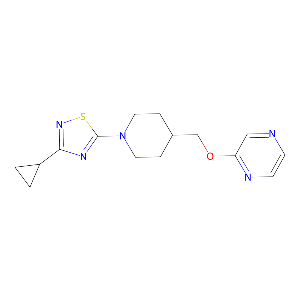 2-{[1-(3-Cyclopropyl-1,2,4-thiadiazol-5-yl)piperidin-4-yl]methoxy}pyrazine molecular structure, CAS 2549044-68-8