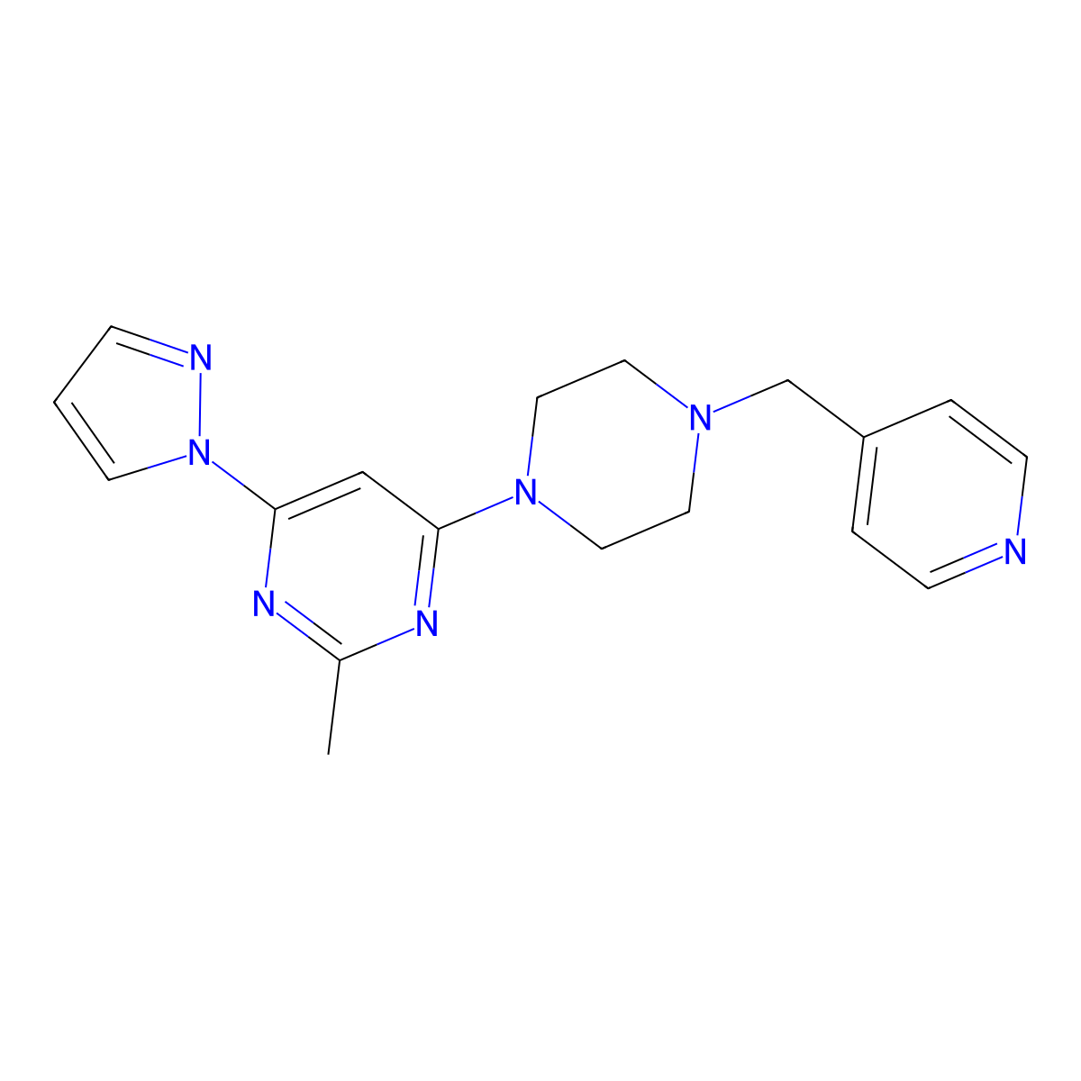 2-methyl-4-(1H-pyrazol-1-yl)-6-{4-[(pyridin-4-yl)methyl]piperazin-1-yl}pyrimidine molecular structure, CAS 2549044-69-9