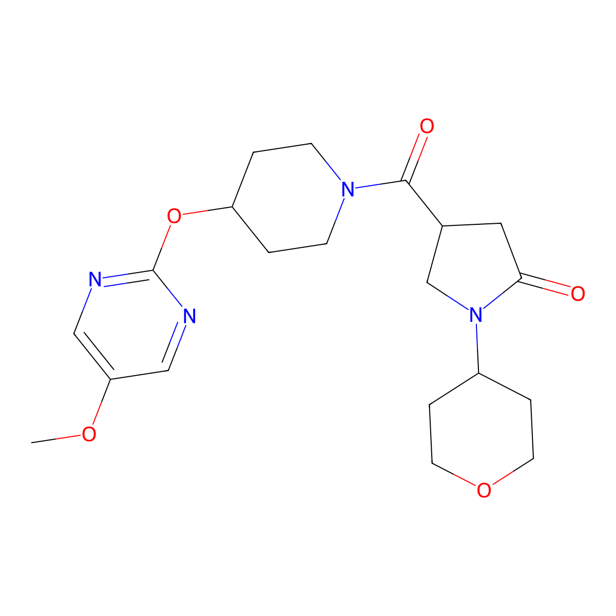4-{4-[(5-Methoxypyrimidin-2-yl)oxy]piperidine-1-carbonyl}-1-(oxan-4-yl)pyrrolidin-2-one molecular structure, CAS 2549044-74-6