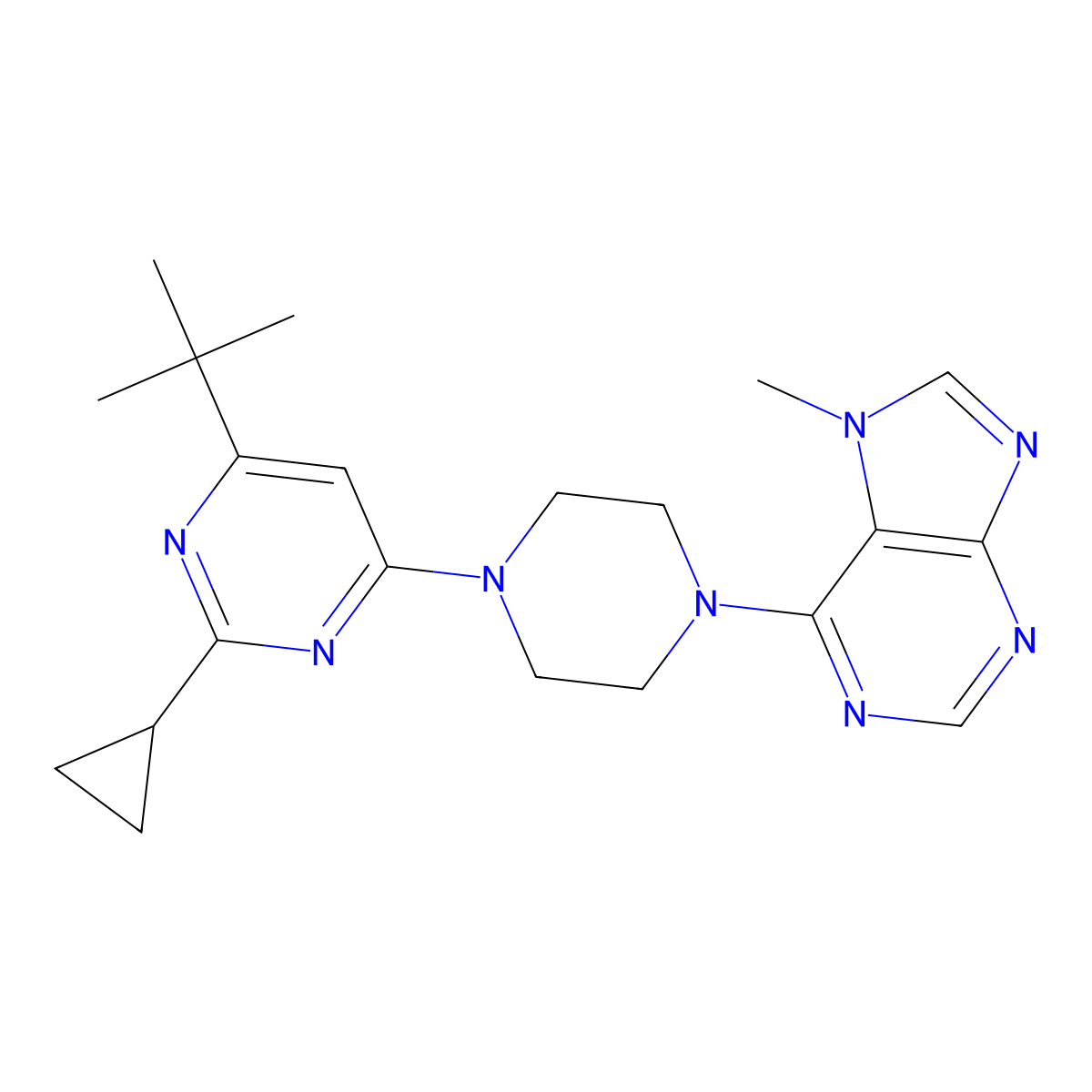 6-[4-(6-tert-butyl-2-cyclopropylpyrimidin-4-yl)piperazin-1-yl]-7-methyl-7H-purine molecular structure, CAS 2549044-78-0