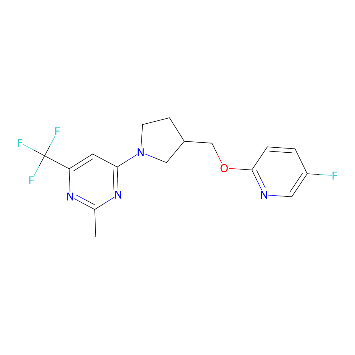 4-(3-{[(5-Fluoropyridin-2-yl)oxy]methyl}pyrrolidin-1-yl)-2-methyl-6-(trifluoromethyl)pyrimidine molecular structure, CAS 2549044-83-7