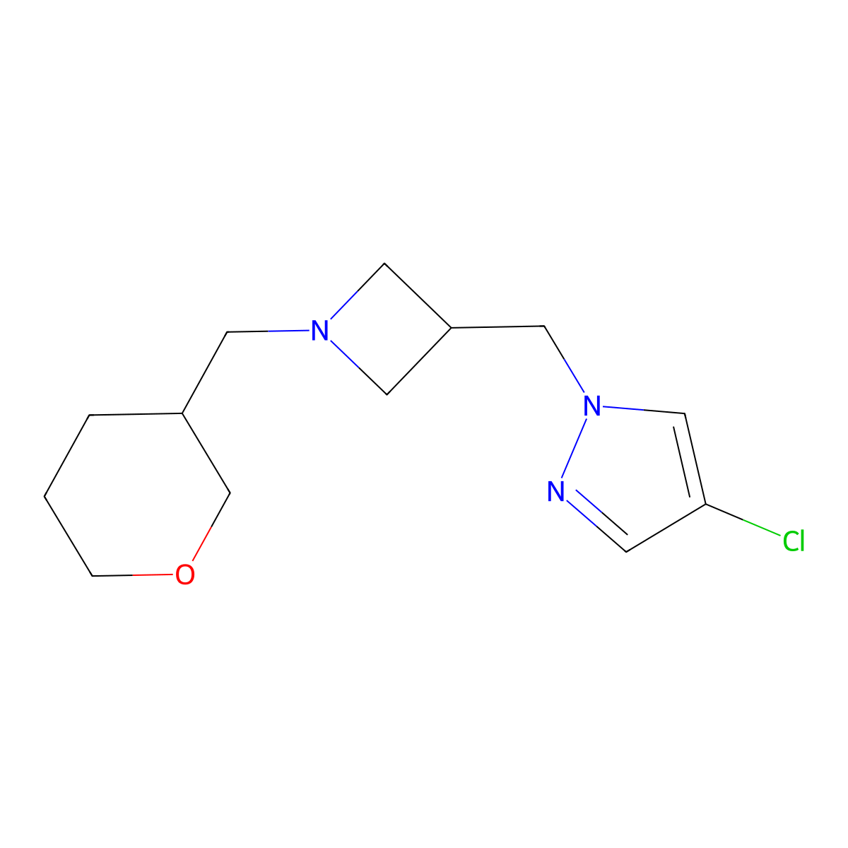 4-chloro-1-({1-[(oxan-3-yl)methyl]azetidin-3-yl}methyl)-1H-pyrazole molecular structure, CAS 2549044-86-0