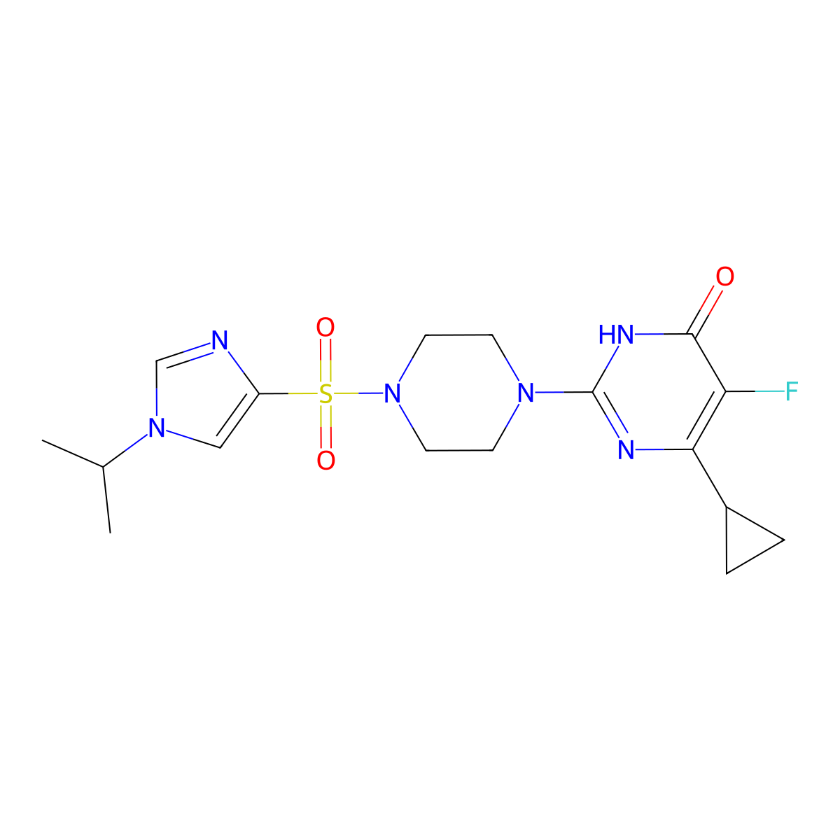 6-cyclopropyl-5-fluoro-2-(4-{[1-(propan-2-yl)-1H-imidazol-4-yl]sulfonyl}piperazin-1-yl)-3,4-dihydropyrimidin-4-one molecular structure, CAS 2549044-92-8
