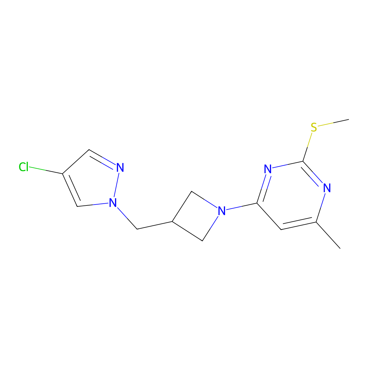 4-{3-[(4-chloro-1H-pyrazol-1-yl)methyl]azetidin-1-yl}-6-methyl-2-(methylsulfanyl)pyrimidine molecular structure, CAS 2549044-99-5