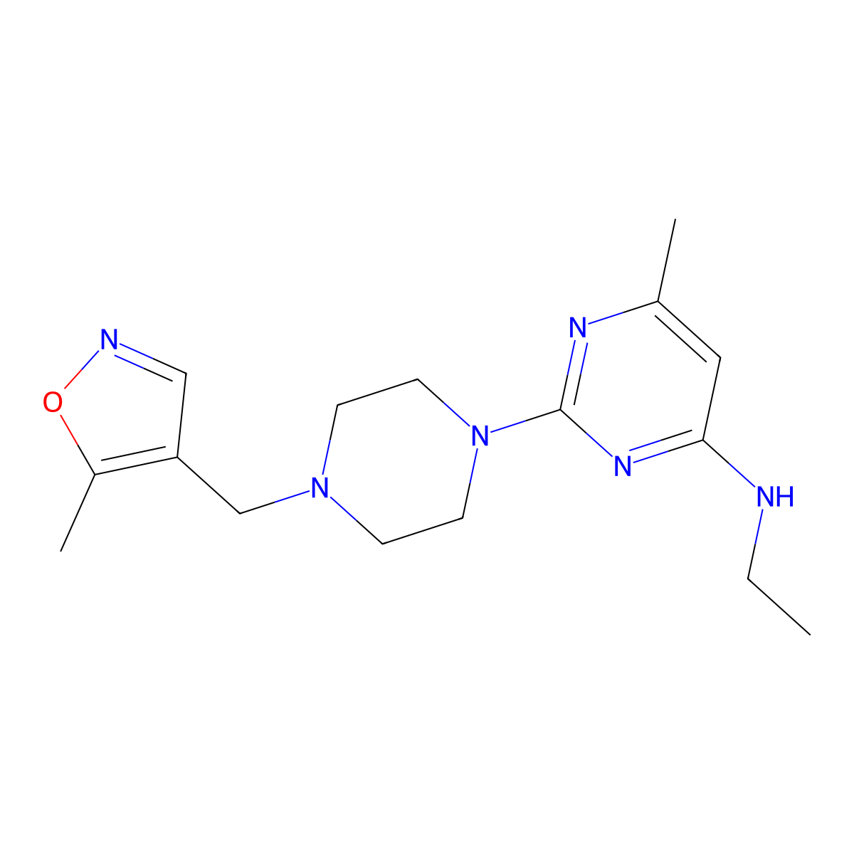 N-ethyl-6-methyl-2-{4-[(5-methyl-1,2-oxazol-4-yl)methyl]piperazin-1-yl}pyrimidin-4-amine molecular structure, CAS 2549045-08-9