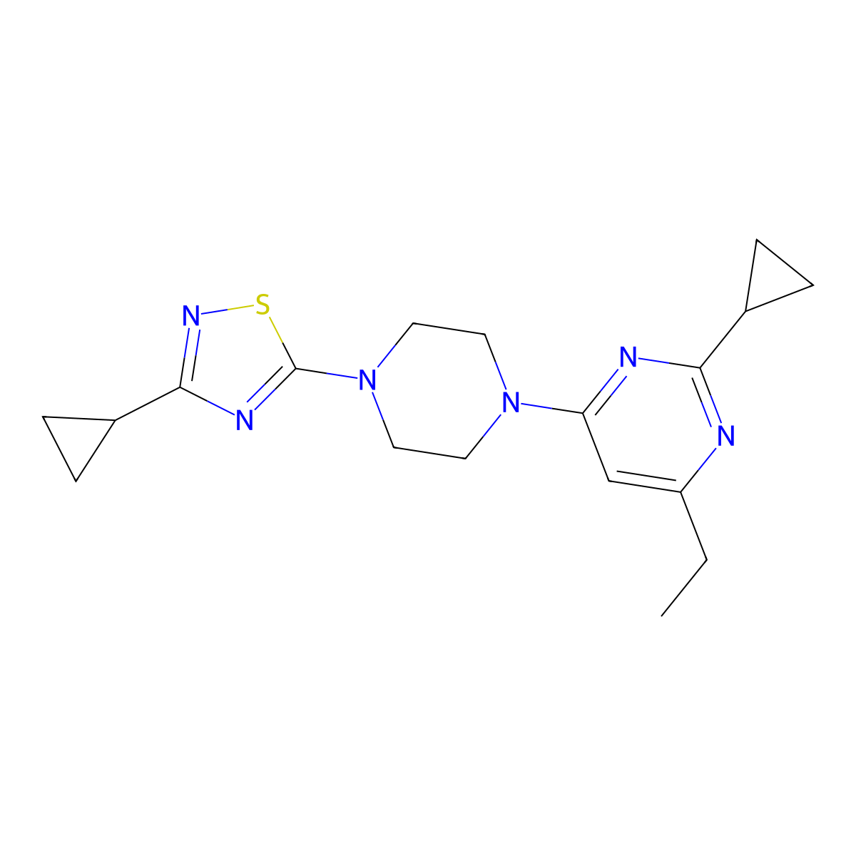 2-Cyclopropyl-4-[4-(3-cyclopropyl-1,2,4-thiadiazol-5-yl)piperazin-1-yl]-6-ethylpyrimidine molecular structure, CAS 2549045-21-6