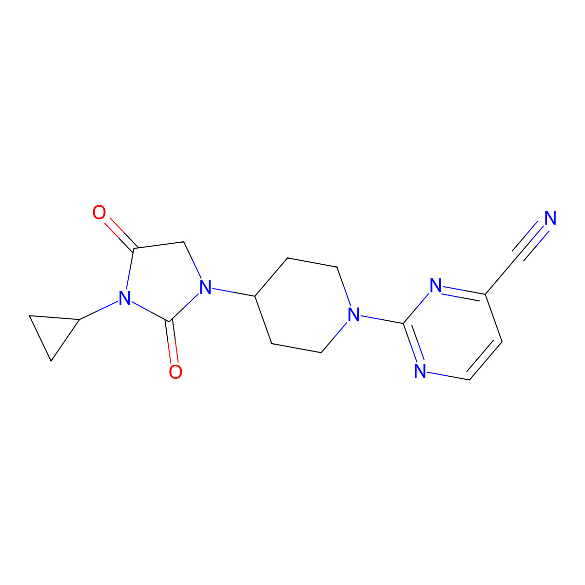 2-[4-(3-Cyclopropyl-2,4-dioxoimidazolidin-1-yl)piperidin-1-yl]pyrimidine-4-carbonitrile molecular structure, CAS 2549045-22-7