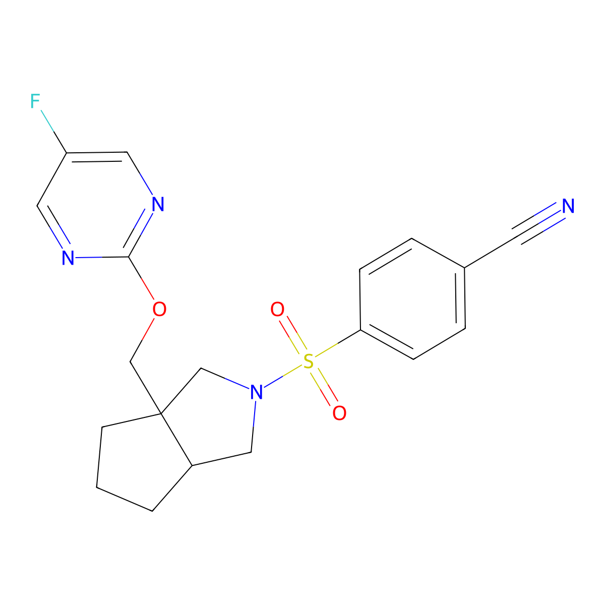 4-[(3a-{[(5-Fluoropyrimidin-2-yl)oxy]methyl}-octahydrocyclopenta[c]pyrrol-2-yl)sulfonyl]benzonitrile molecular structure, CAS 2549045-33-0