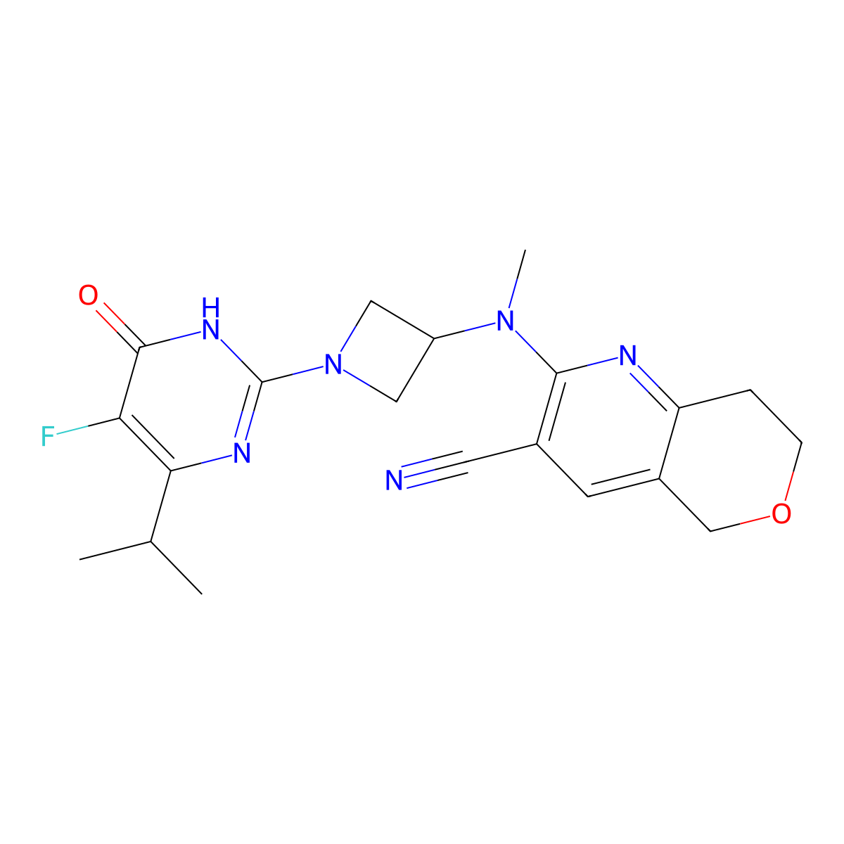 2-({1-[5-fluoro-6-oxo-4-(propan-2-yl)-1,6-dihydropyrimidin-2-yl]azetidin-3-yl}(methyl)amino)-5H,7H,8H-pyrano[4,3-b]pyridine-3-carbonitrile molecular structure, CAS 2549045-41-0