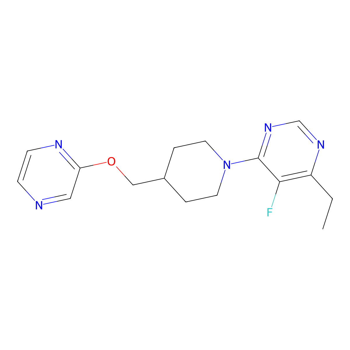 4-Ethyl-5-fluoro-6-{4-[(pyrazin-2-yloxy)methyl]piperidin-1-yl}pyrimidine molecular structure, CAS 2549045-65-8