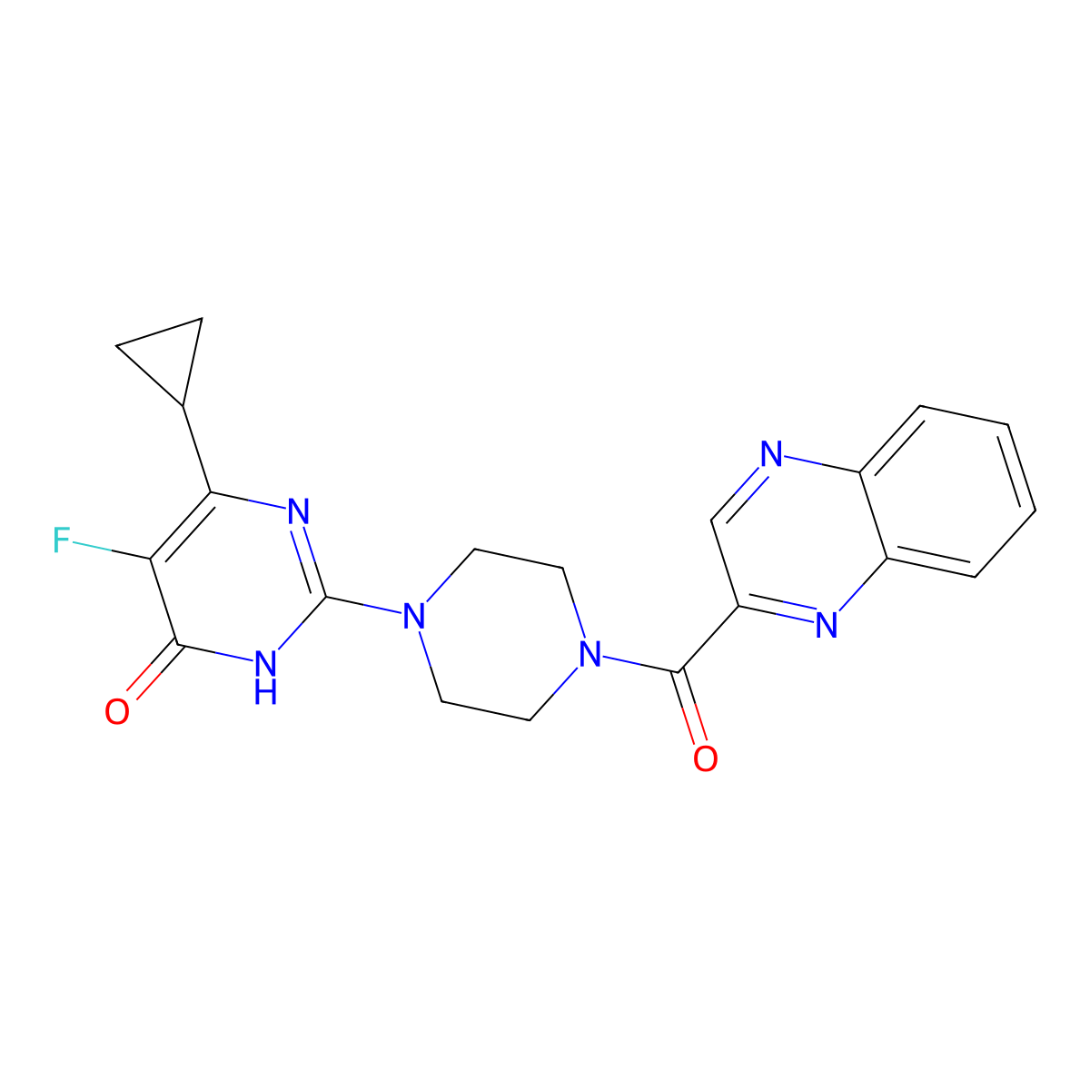6-Cyclopropyl-5-fluoro-2-[4-(quinoxaline-2-carbonyl)piperazin-1-yl]-3,4-dihydropyrimidin-4-one molecular structure, CAS 2549045-77-2