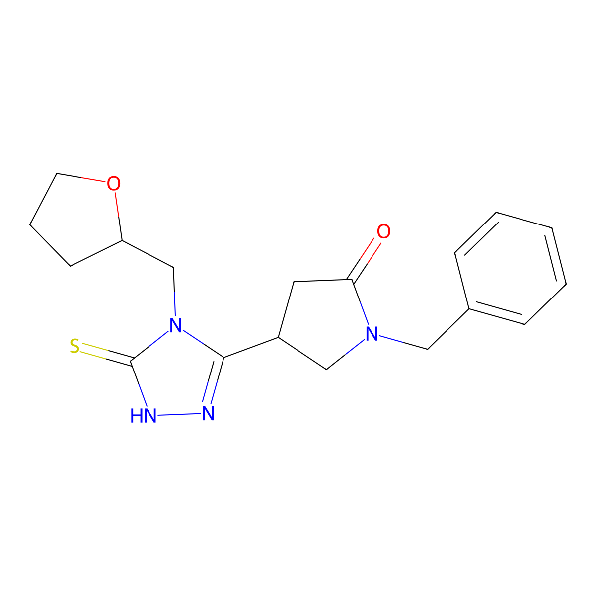 1-benzyl-4-{4-[(oxolan-2-yl)methyl]-5-sulfanylidene-4,5-dihydro-1H-1,2,4-triazol-3-yl}pyrrolidin-2-one molecular structure, CAS 2549045-79-4