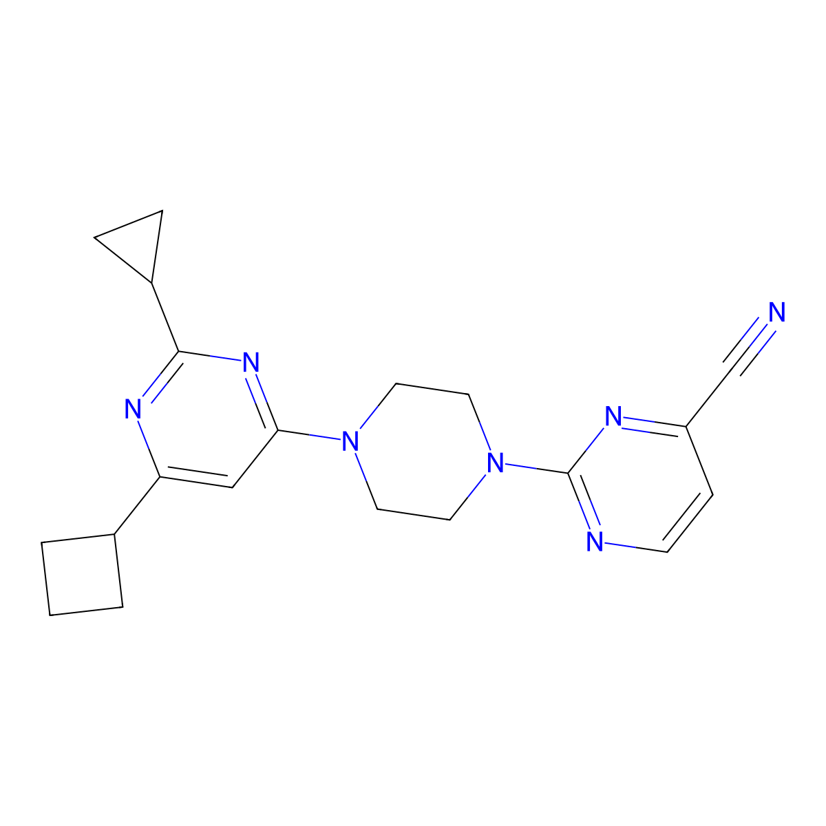 2-[4-(6-Cyclobutyl-2-cyclopropylpyrimidin-4-yl)piperazin-1-yl]pyrimidine-4-carbonitrile molecular structure, CAS 2549045-82-9