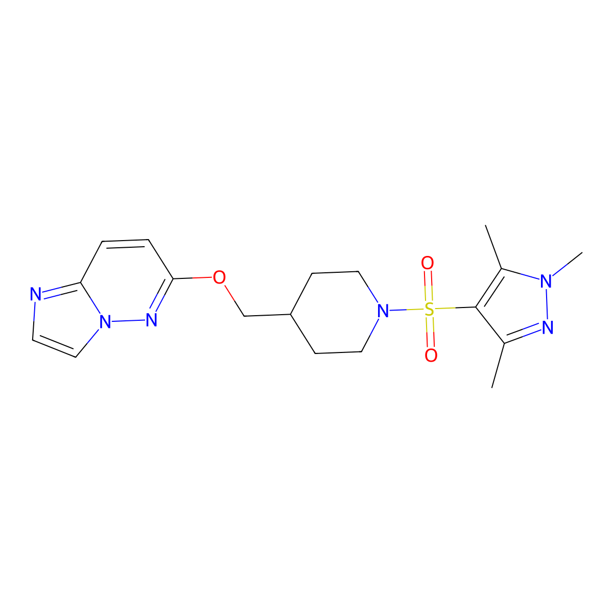 4-({imidazo[1,2-b]pyridazin-6-yloxy}methyl)-1-[(1,3,5-trimethyl-1H-pyrazol-4-yl)sulfonyl]piperidine molecular structure, CAS 2549045-83-0