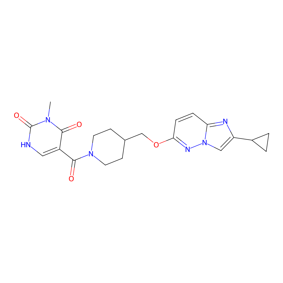 5-{4-[({2-Cyclopropylimidazo[1,2-b]pyridazin-6-yl}oxy)methyl]piperidine-1-carbonyl}-3-methyl-1,2,3,4-tetrahydropyrimidine-2,4-dione molecular structure, CAS 2549046-63-9