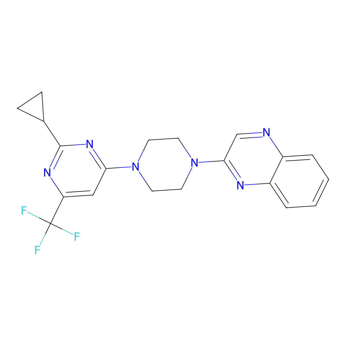 2-{4-[2-Cyclopropyl-6-(trifluoromethyl)pyrimidin-4-yl]piperazin-1-yl}quinoxaline molecular structure, CAS 2549046-80-0