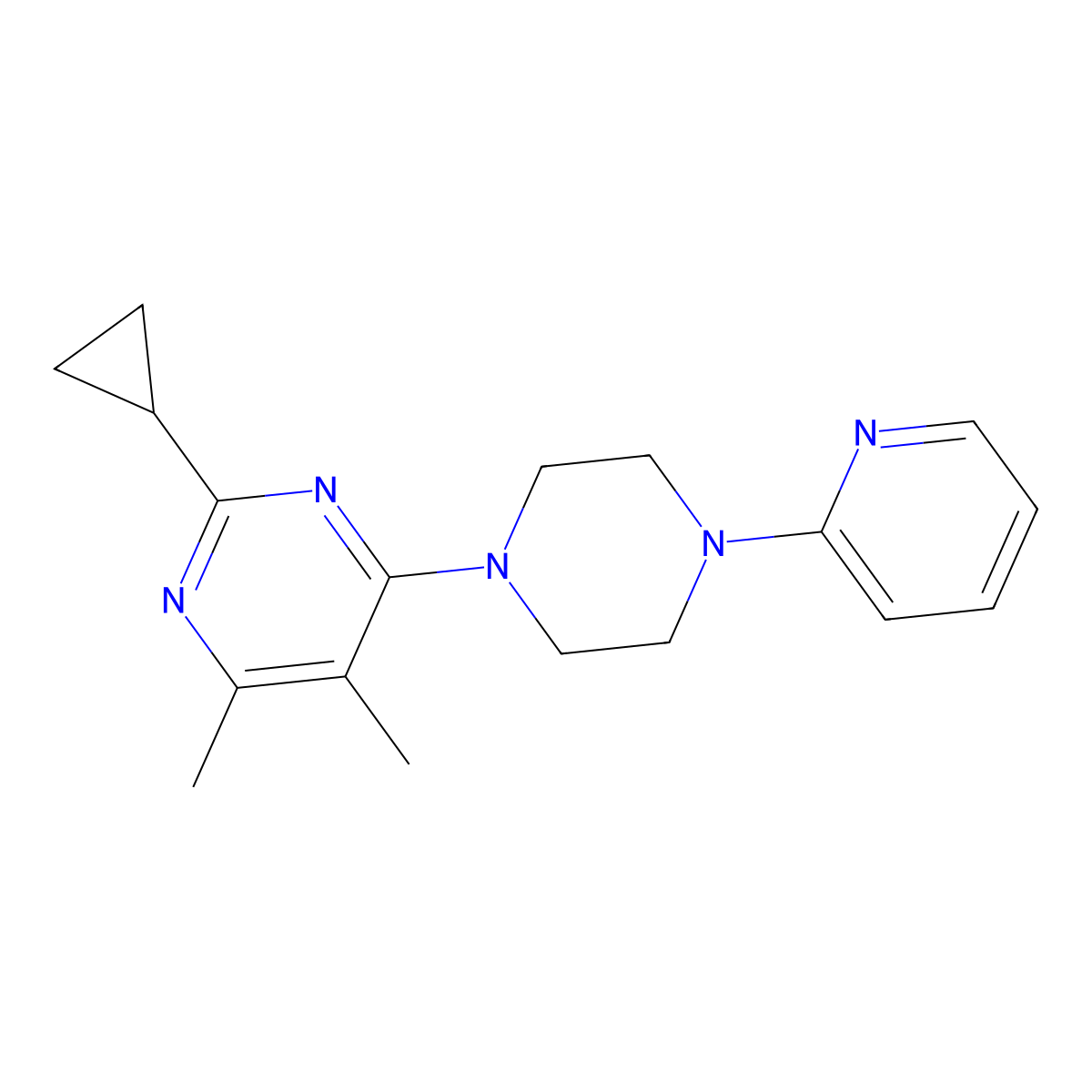 2-Cyclopropyl-4,5-dimethyl-6-[4-(pyridin-2-yl)piperazin-1-yl]pyrimidine molecular structure, CAS 2549046-81-1