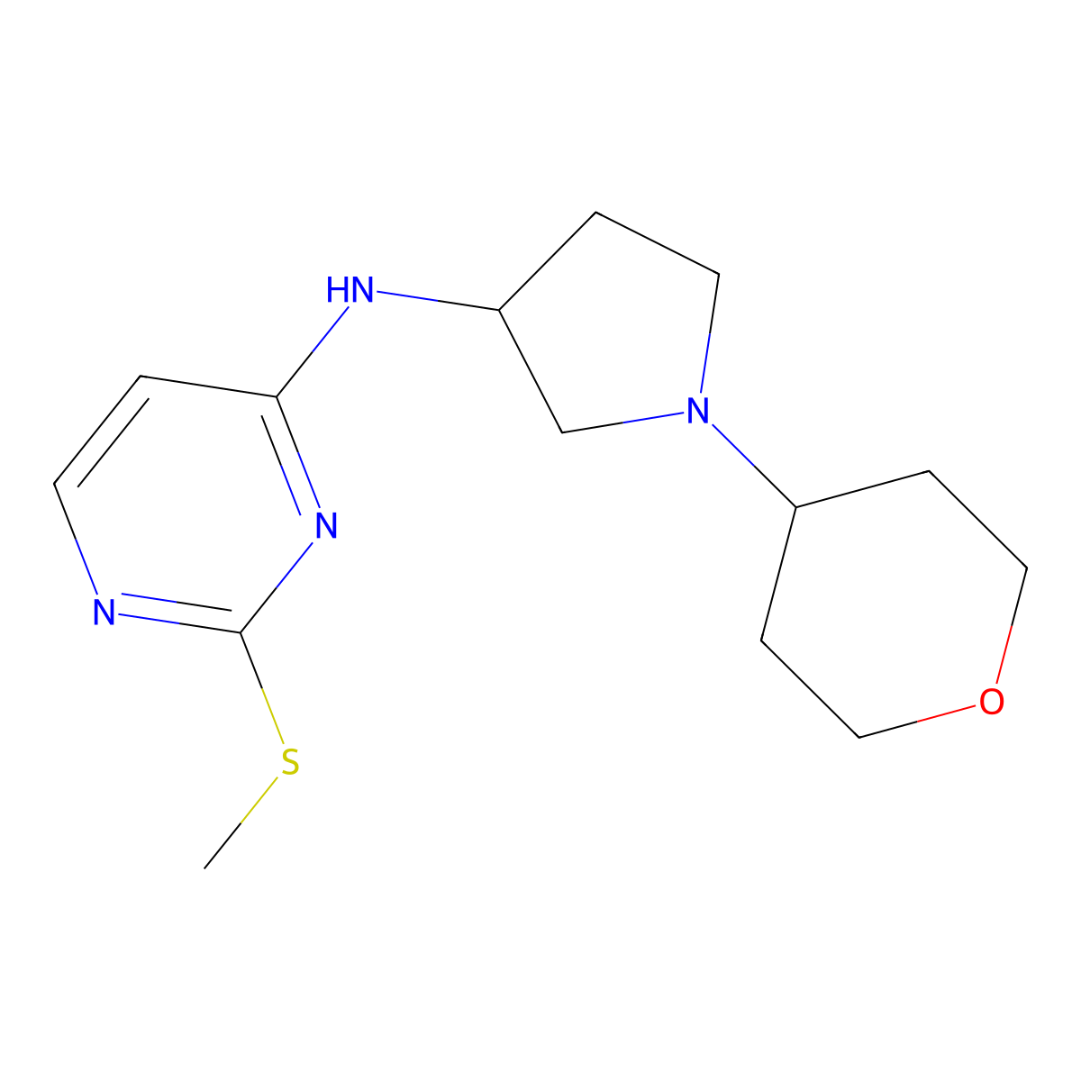 2-(methylsulfanyl)-N-[1-(oxan-4-yl)pyrrolidin-3-yl]pyrimidin-4-amine molecular structure, CAS 2549046-83-3