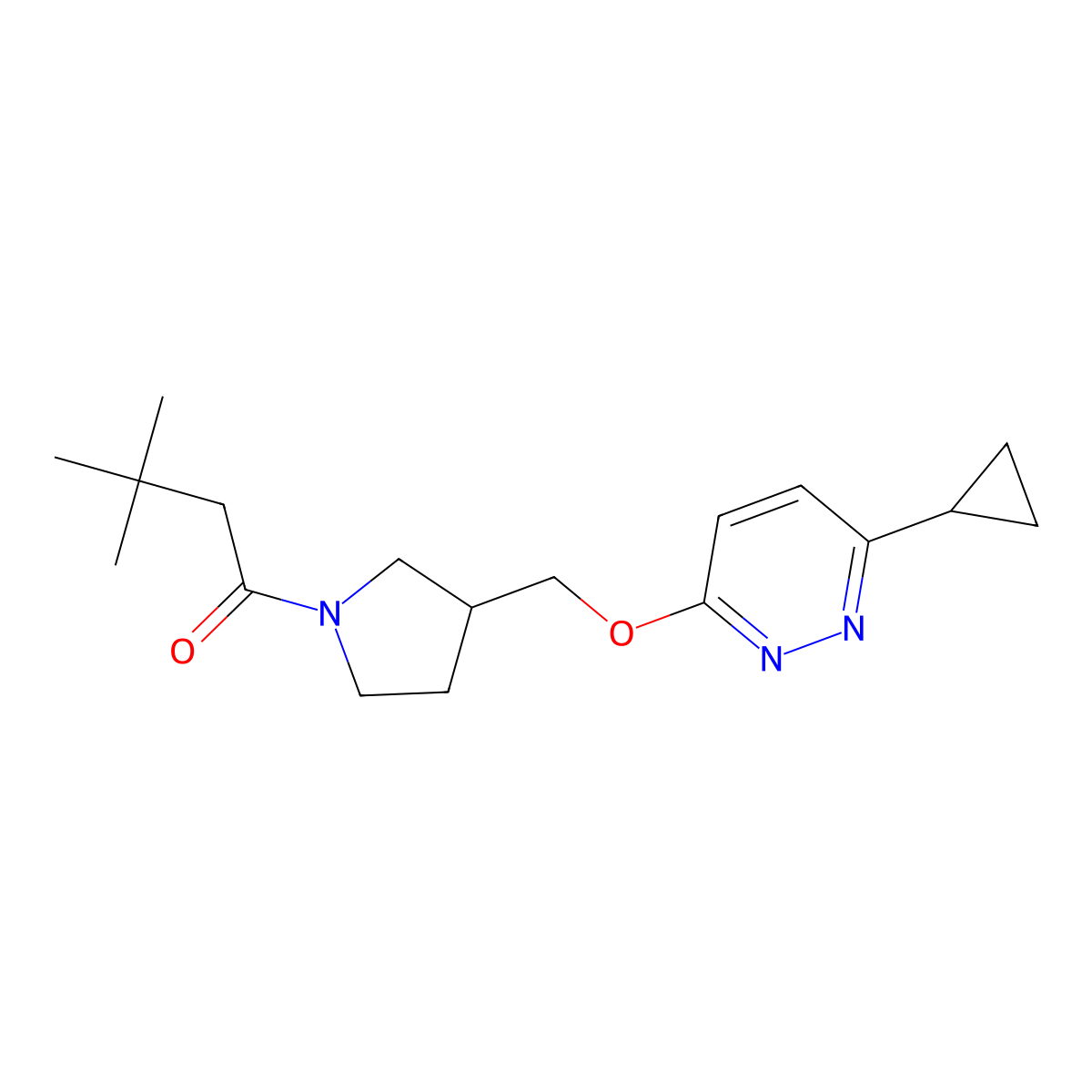 1-(3-{[(6-Cyclopropylpyridazin-3-yl)oxy]methyl}pyrrolidin-1-yl)-3,3-dimethylbutan-1-one molecular structure, CAS 2549046-87-7