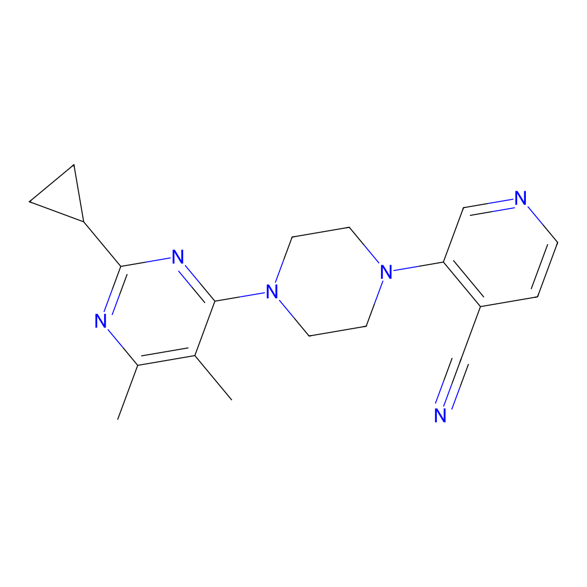 3-[4-(2-Cyclopropyl-5,6-dimethylpyrimidin-4-yl)piperazin-1-yl]pyridine-4-carbonitrile molecular structure, CAS 2549046-94-6