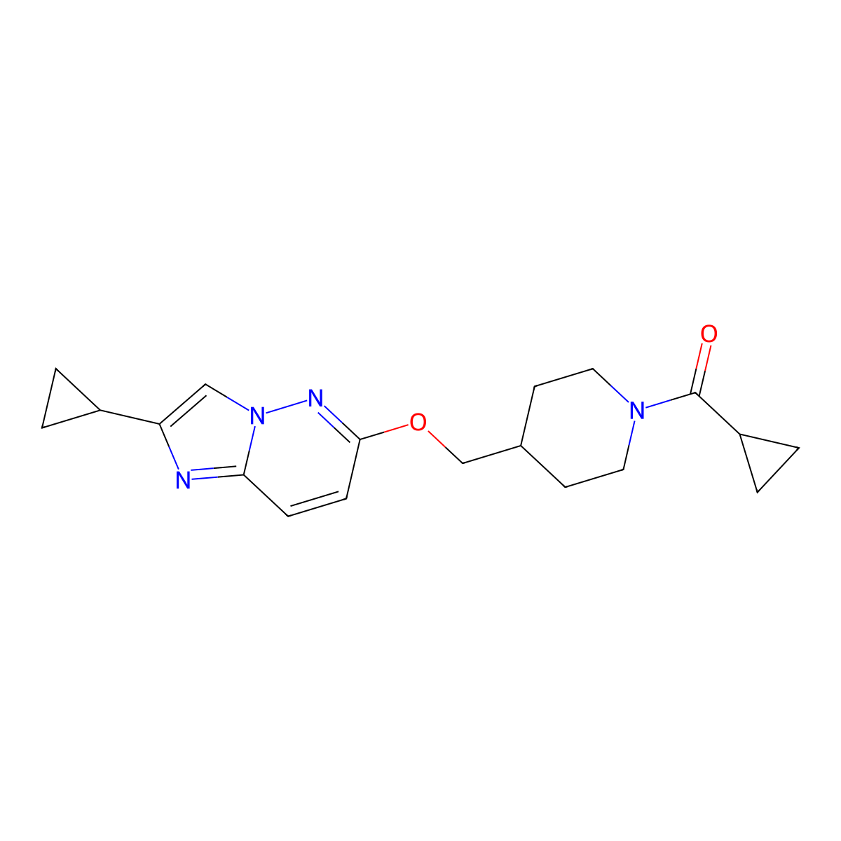 1-Cyclopropanecarbonyl-4-[({2-cyclopropylimidazo[1,2-b]pyridazin-6-yl}oxy)methyl]piperidine molecular structure, CAS 2549046-95-7
