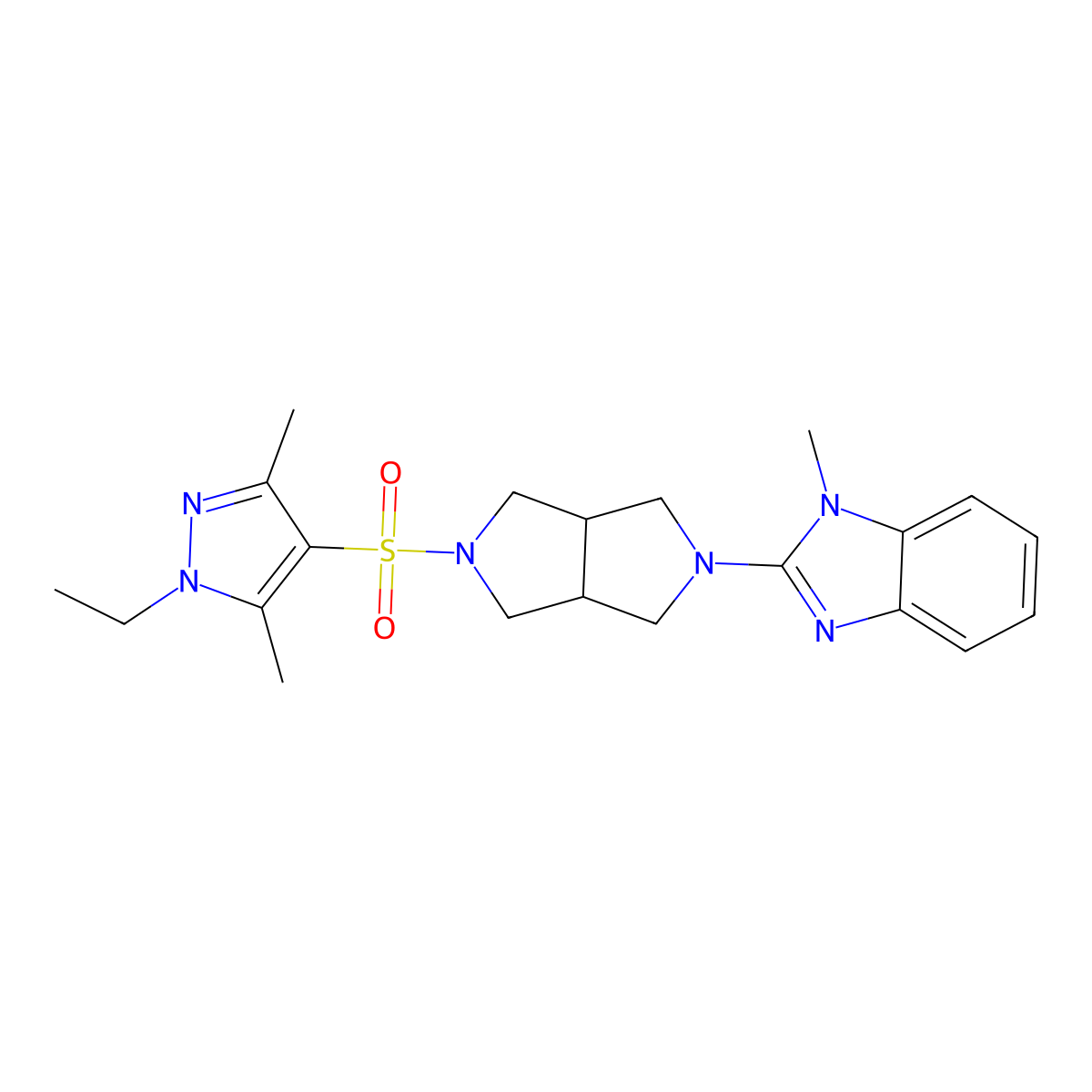 2-{5-[(1-ethyl-3,5-dimethyl-1H-pyrazol-4-yl)sulfonyl]-octahydropyrrolo[3,4-c]pyrrol-2-yl}-1-methyl-1H-1,3-benzodiazole molecular structure, CAS 2549046-97-9