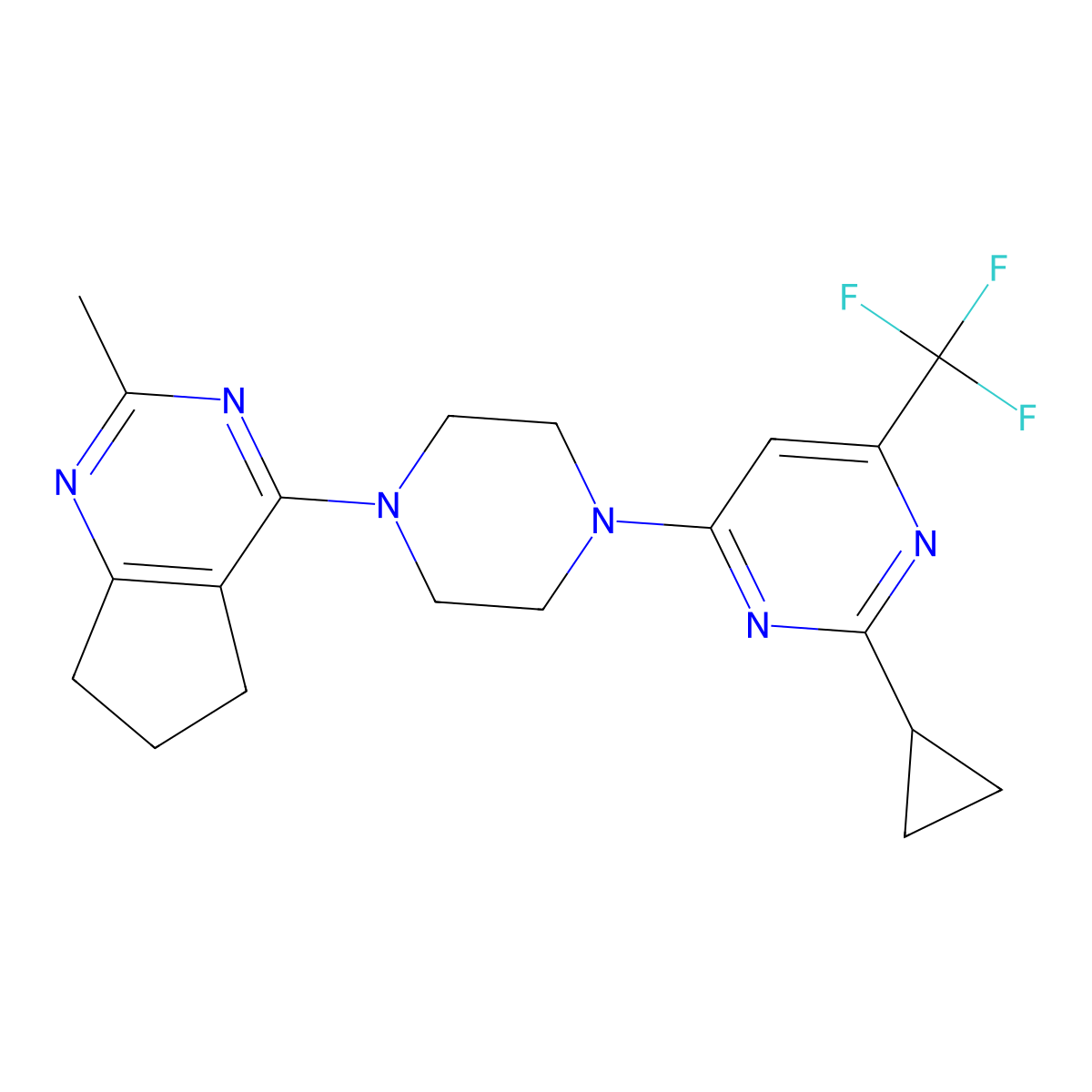 2-cyclopropyl-4-(4-{2-methyl-5H,6H,7H-cyclopenta[d]pyrimidin-4-yl}piperazin-1-yl)-6-(trifluoromethyl)pyrimidine molecular structure, CAS 2549047-06-3