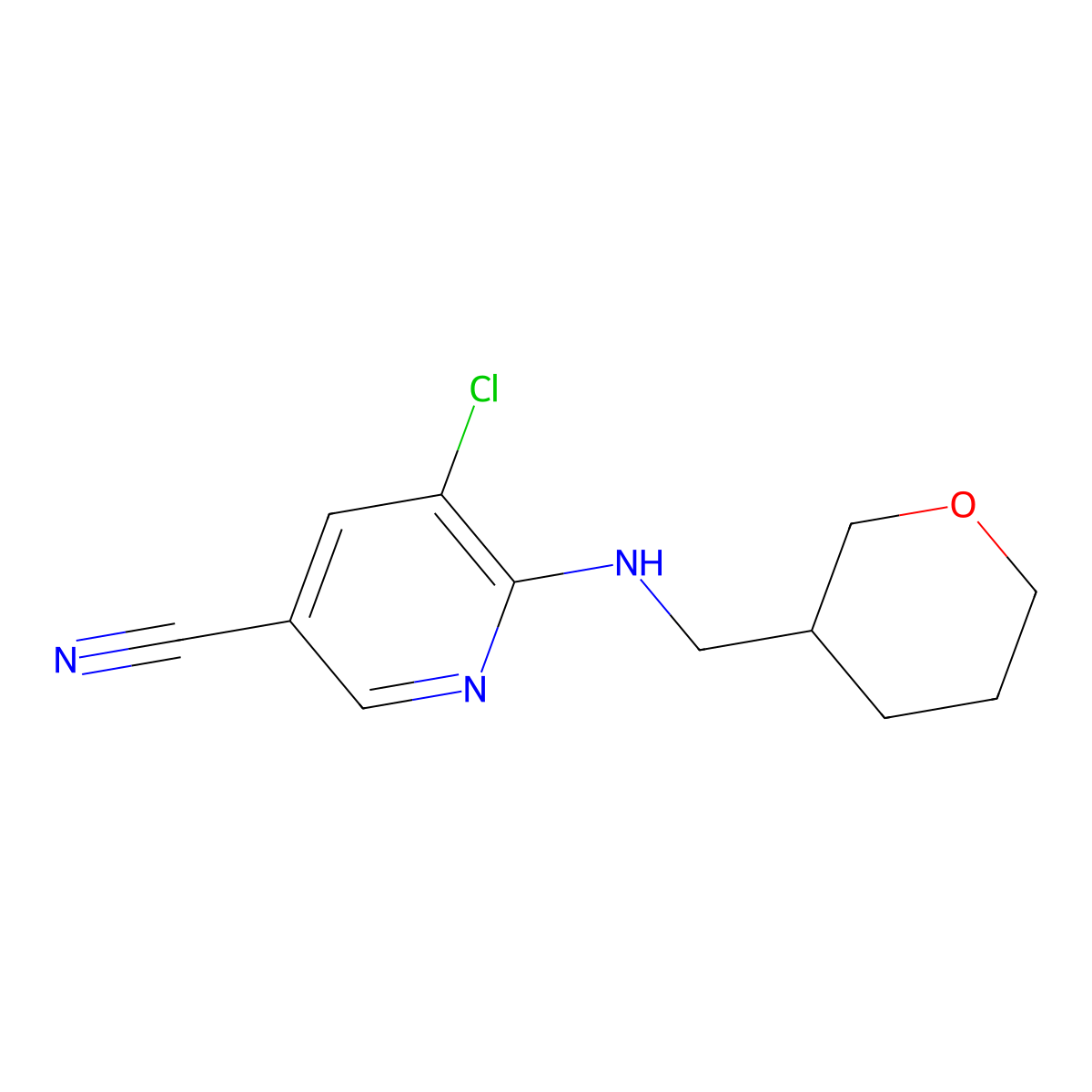 5-Chloro-6-{[(oxan-3-yl)methyl]amino}pyridine-3-carbonitrile molecular structure, CAS 2549047-07-4