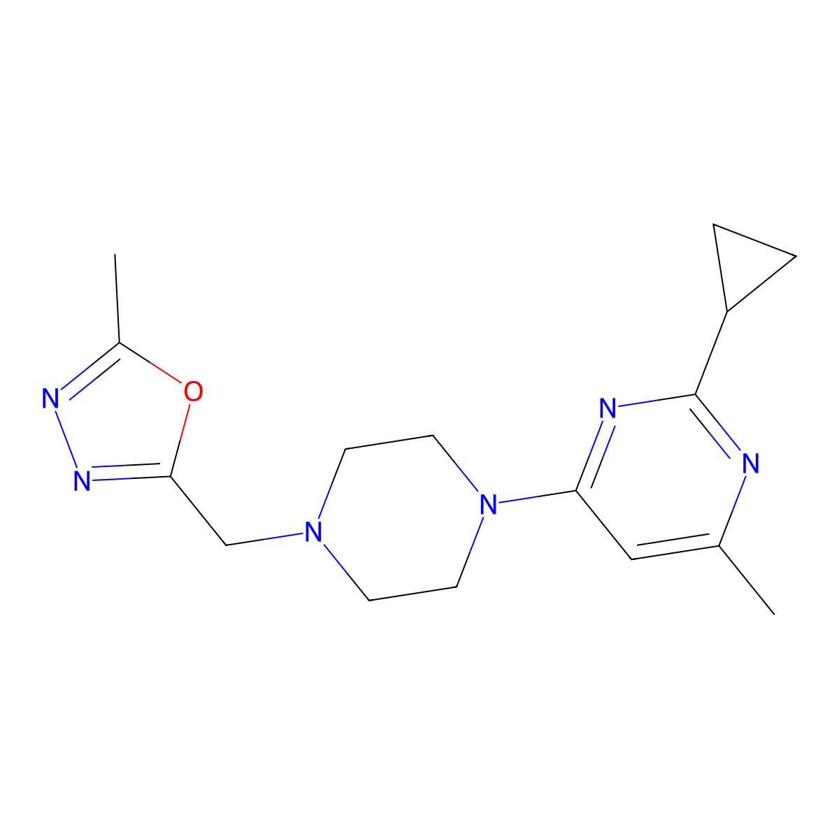 2-Cyclopropyl-4-methyl-6-{4-[(5-methyl-1,3,4-oxadiazol-2-yl)methyl]piperazin-1-yl}pyrimidine molecular structure, CAS 2549047-08-5