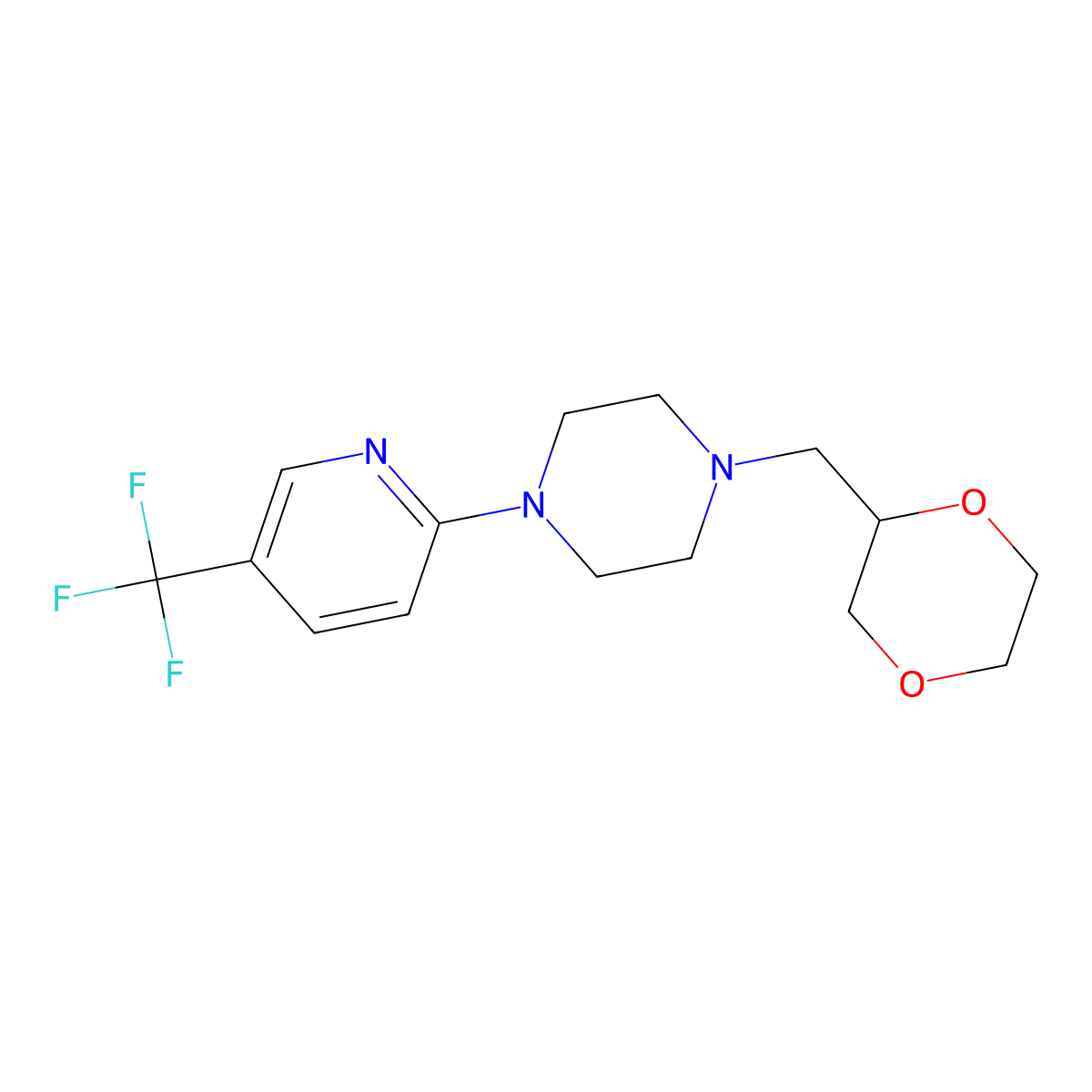1-[(1,4-Dioxan-2-yl)methyl]-4-[5-(trifluoromethyl)pyridin-2-yl]piperazine molecular structure, CAS 2549047-13-2