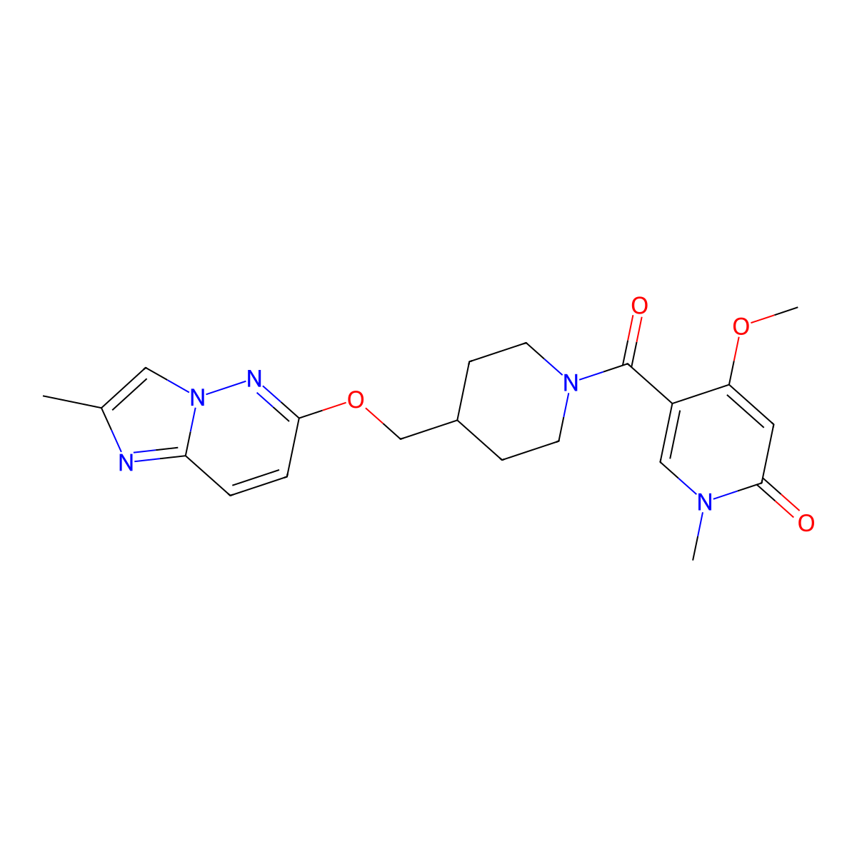 4-Methoxy-1-methyl-5-{4-[({2-methylimidazo[1,2-b]pyridazin-6-yl}oxy)methyl]piperidine-1-carbonyl}-1,2-dihydropyridin-2-one molecular structure, CAS 2549047-17-6