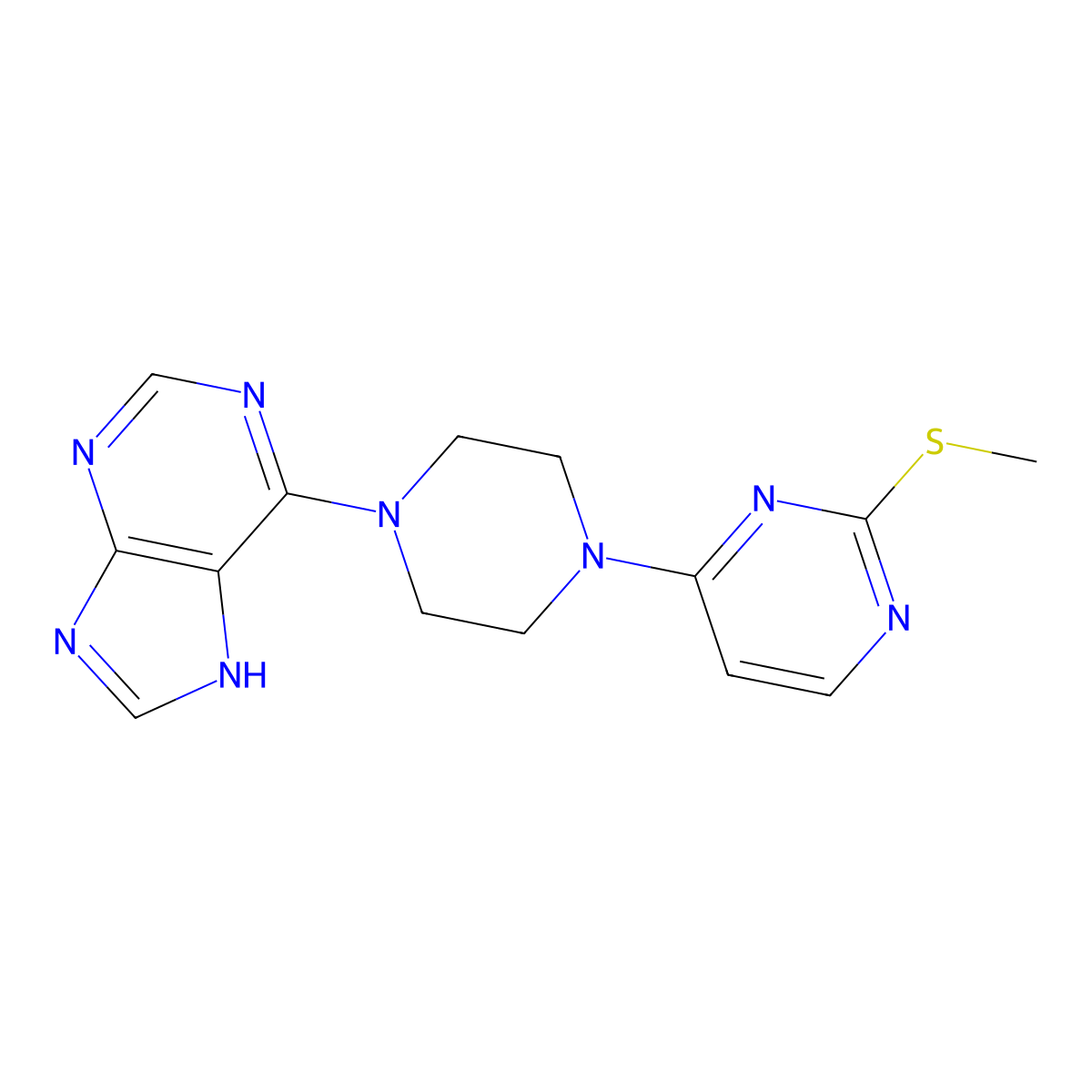 6-{4-[2-(methylsulfanyl)pyrimidin-4-yl]piperazin-1-yl}-9H-purine molecular structure, CAS 2549047-21-2