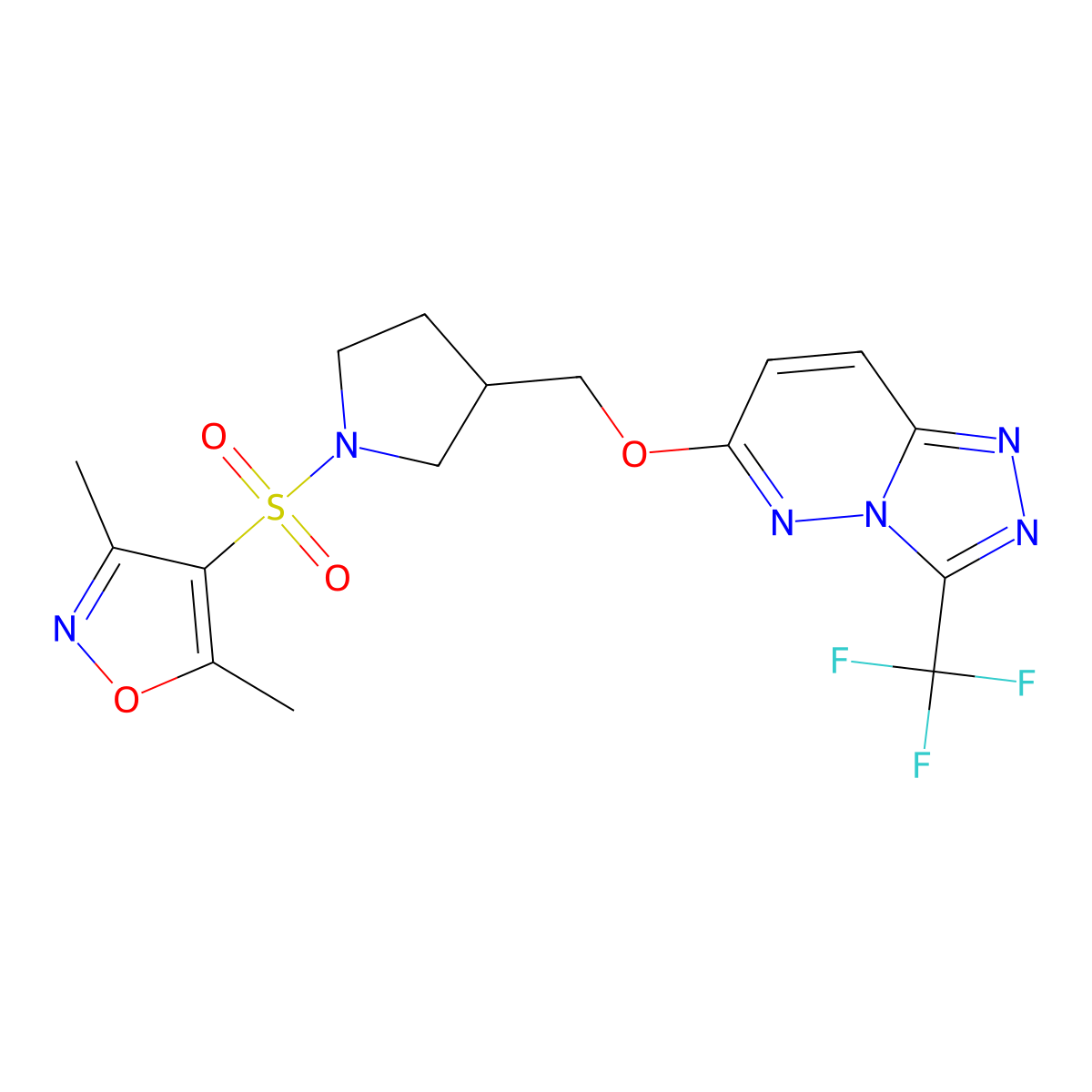 3,5-Dimethyl-4-{[3-({[3-(trifluoromethyl)-[1,2,4]triazolo[4,3-b]pyridazin-6-yl]oxy}methyl)pyrrolidin-1-yl]sulfonyl}-1,2-oxazole molecular structure, CAS 2549047-23-4