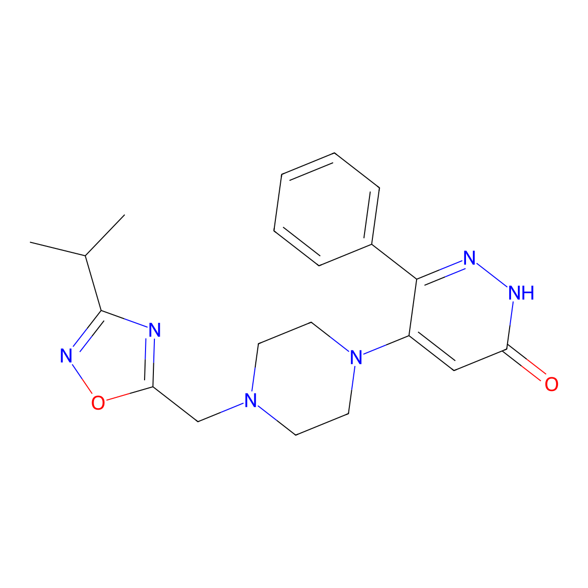 6-Phenyl-5-(4-{[3-(propan-2-yl)-1,2,4-oxadiazol-5-yl]methyl}piperazin-1-yl)-2,3-dihydropyridazin-3-one molecular structure, CAS 2549047-24-5