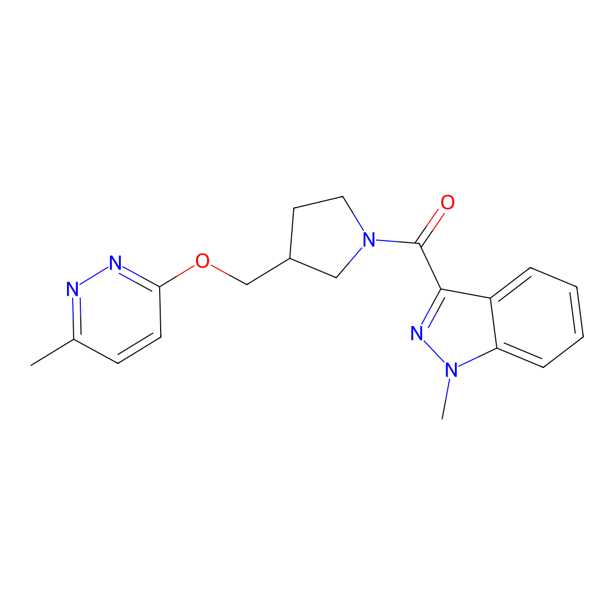 1-methyl-3-(3-{[(6-methylpyridazin-3-yl)oxy]methyl}pyrrolidine-1-carbonyl)-1H-indazole molecular structure, CAS 2549047-26-7