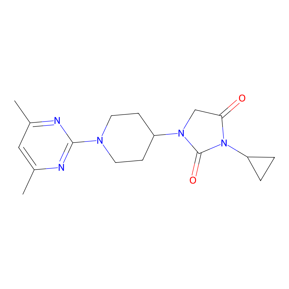 3-Cyclopropyl-1-[1-(4,6-dimethylpyrimidin-2-yl)piperidin-4-yl]imidazolidine-2,4-dione molecular structure, CAS 2549047-27-8