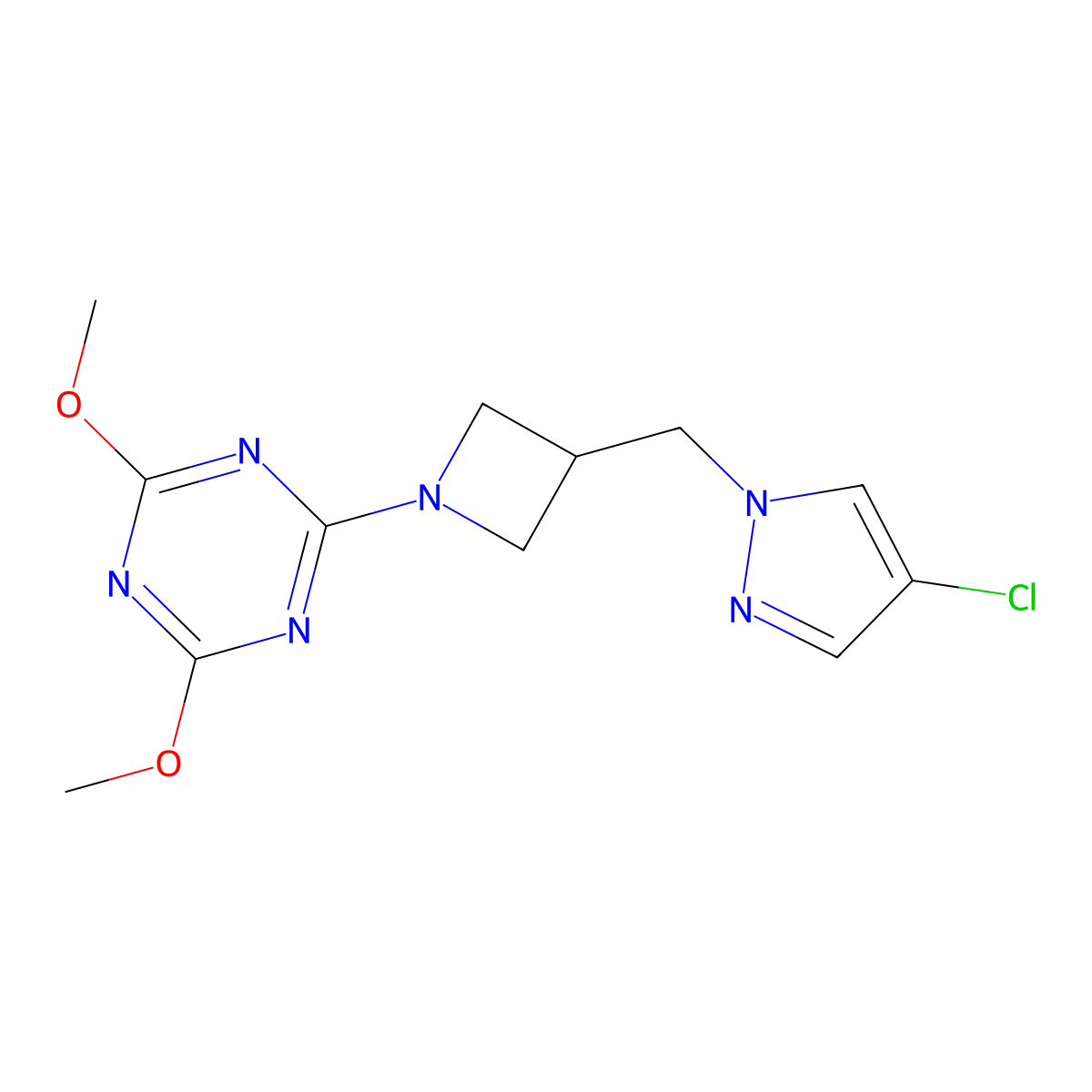 2-{3-[(4-chloro-1H-pyrazol-1-yl)methyl]azetidin-1-yl}-4,6-dimethoxy-1,3,5-triazine molecular structure, CAS 2549047-35-8