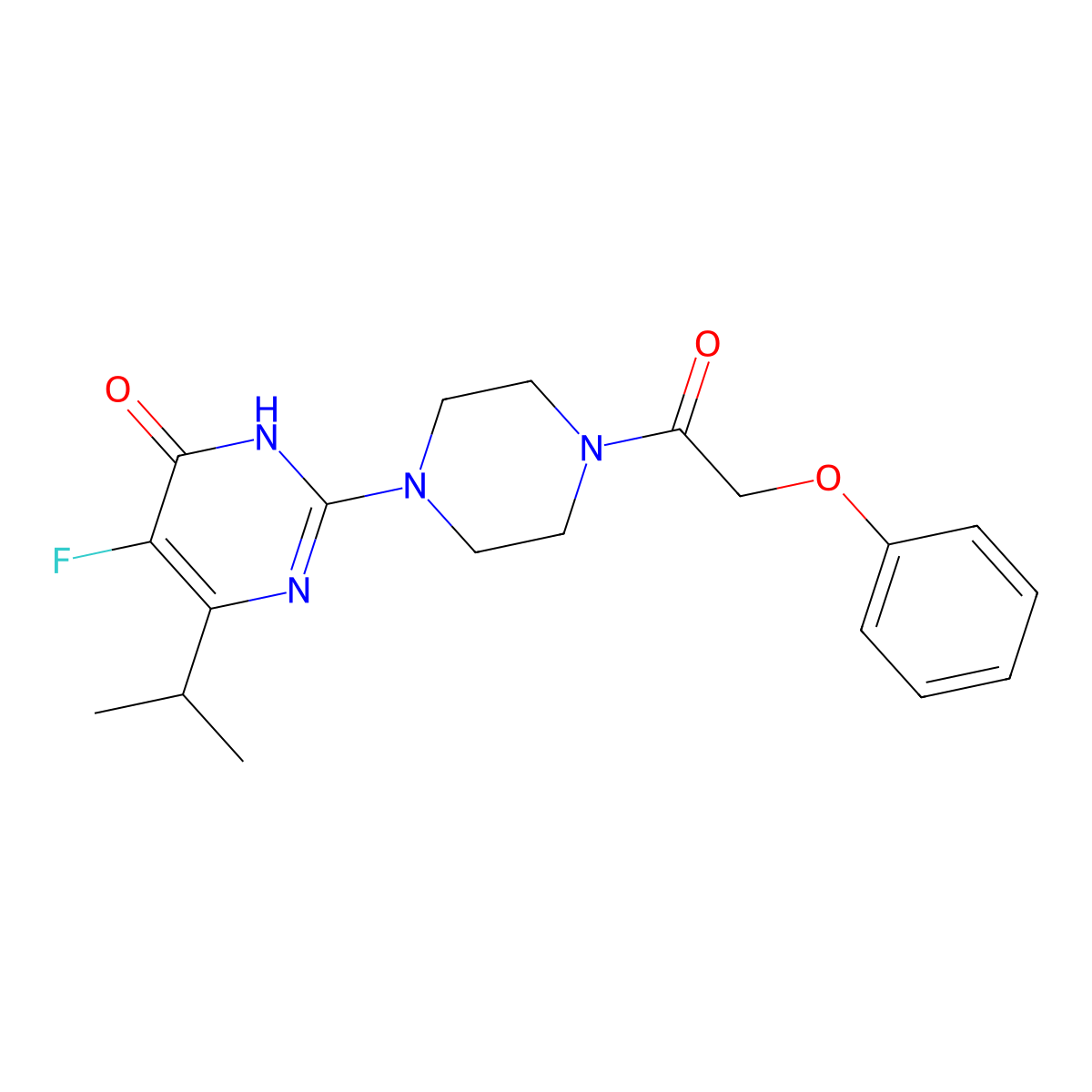 5-Fluoro-2-[4-(2-phenoxyacetyl)piperazin-1-yl]-6-(propan-2-yl)-3,4-dihydropyrimidin-4-one molecular structure, CAS 2549047-38-1