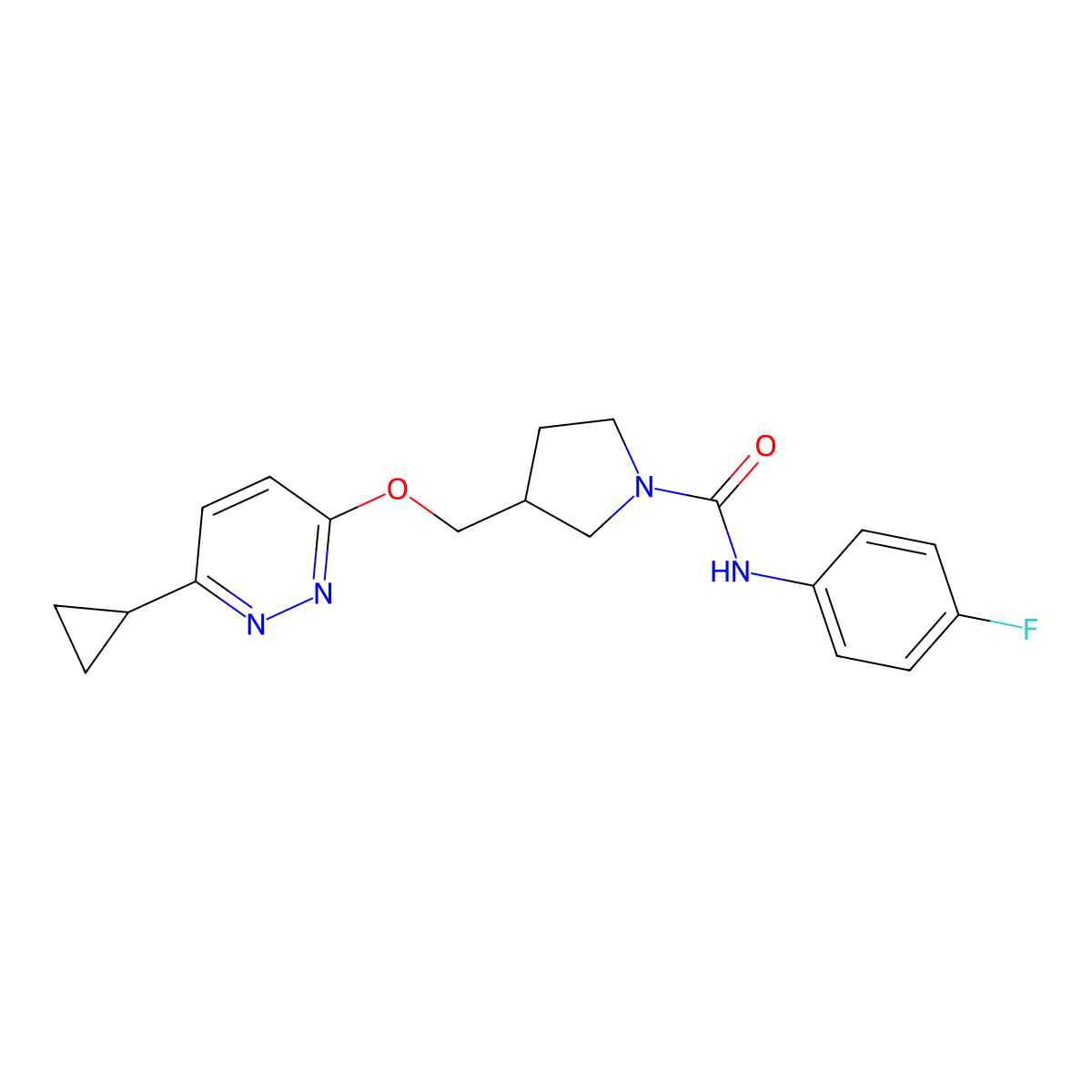 3-{[(6-cyclopropylpyridazin-3-yl)oxy]methyl}-N-(4-fluorophenyl)pyrrolidine-1-carboxamide molecular structure, CAS 2549047-39-2