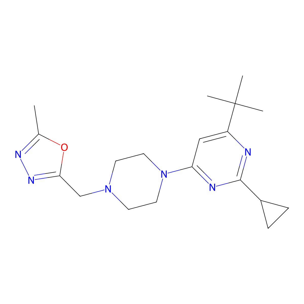 4-Tert-butyl-2-cyclopropyl-6-{4-[(5-methyl-1,3,4-oxadiazol-2-yl)methyl]piperazin-1-yl}pyrimidine molecular structure, CAS 2549047-41-6