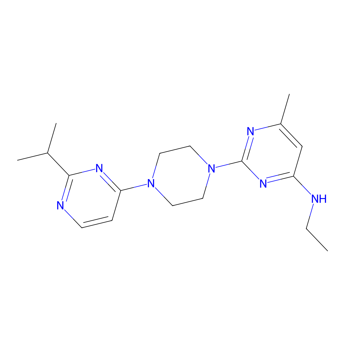 N-ethyl-6-methyl-2-{4-[2-(propan-2-yl)pyrimidin-4-yl]piperazin-1-yl}pyrimidin-4-amine molecular structure, CAS 2549047-42-7