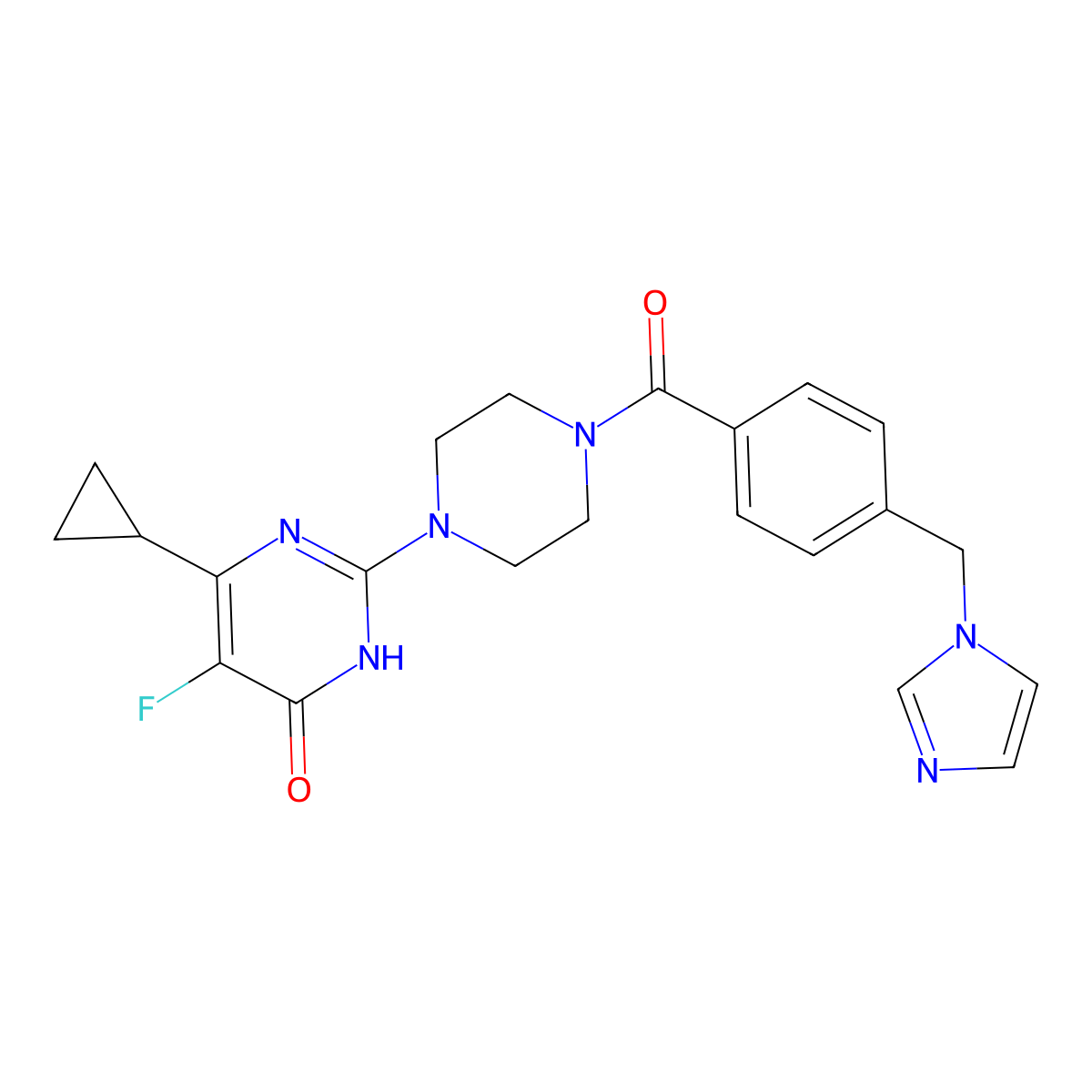 6-cyclopropyl-5-fluoro-2-(4-{4-[(1H-imidazol-1-yl)methyl]benzoyl}piperazin-1-yl)-3,4-dihydropyrimidin-4-one molecular structure, CAS 2549047-53-0
