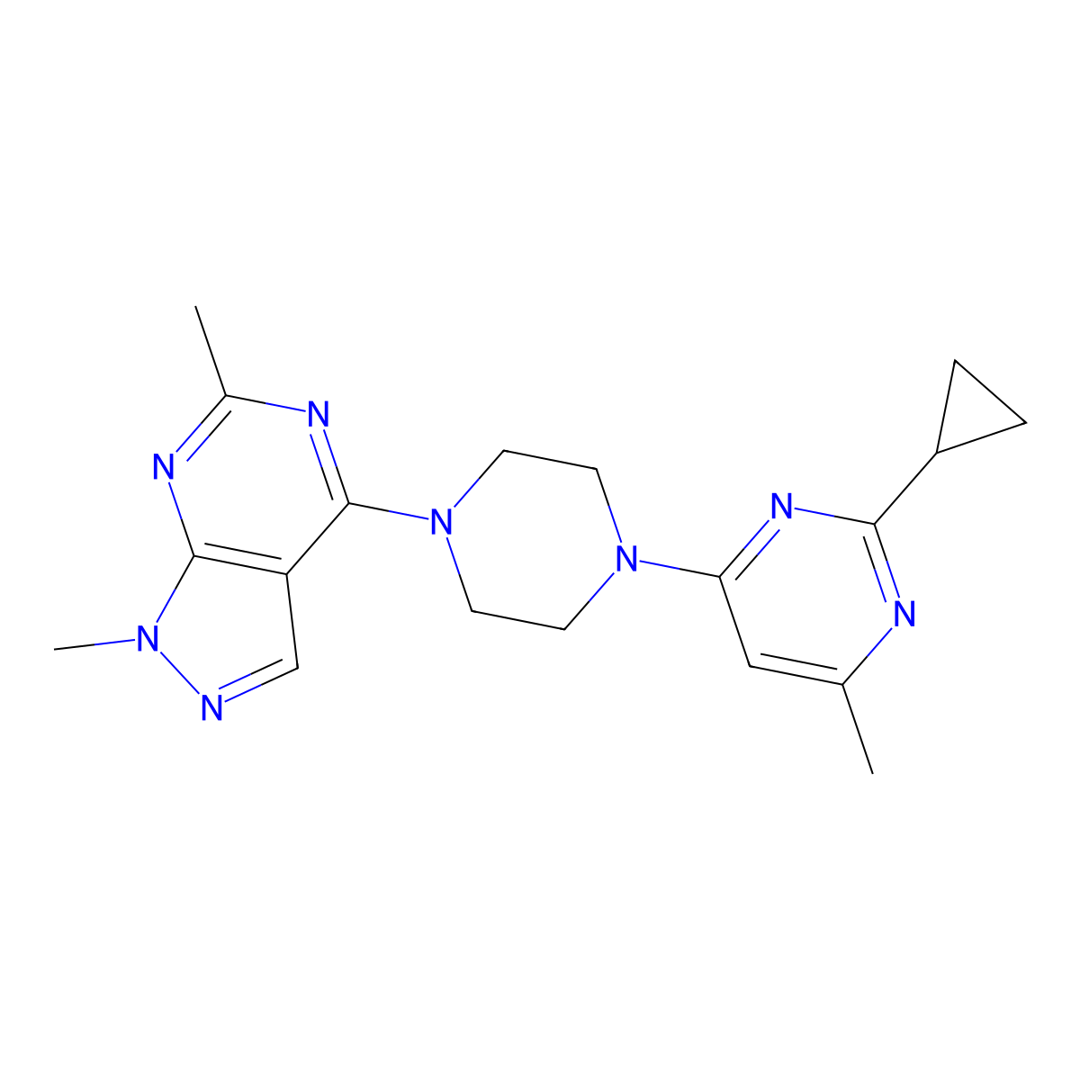 2-cyclopropyl-4-(4-{1,6-dimethyl-1H-pyrazolo[3,4-d]pyrimidin-4-yl}piperazin-1-yl)-6-methylpyrimidine molecular structure, CAS 2549047-64-3