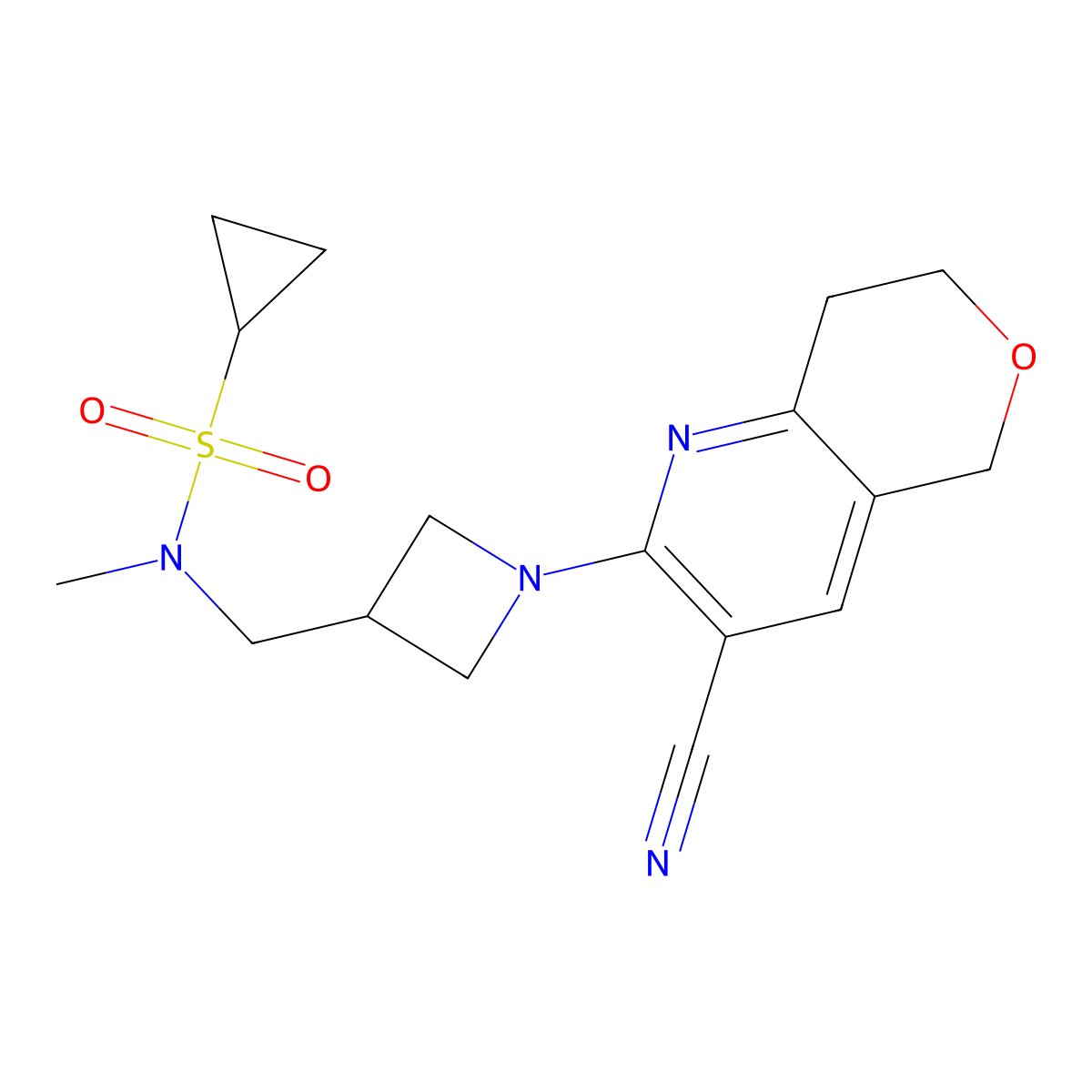 N-[(1-{3-cyano-5H,7H,8H-pyrano[4,3-b]pyridin-2-yl}azetidin-3-yl)methyl]-N-methylcyclopropanesulfonamide molecular structure, CAS 2549047-73-4