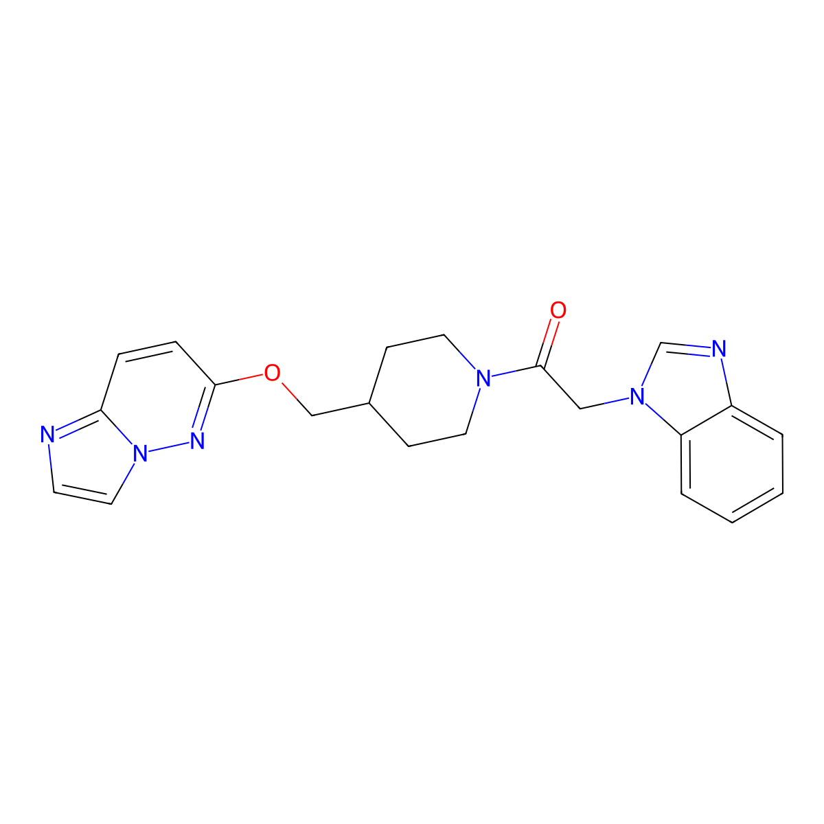 2-(1H-1,3-benzodiazol-1-yl)-1-[4-({imidazo[1,2-b]pyridazin-6-yloxy}methyl)piperidin-1-yl]ethan-1-one molecular structure, CAS 2549047-84-7