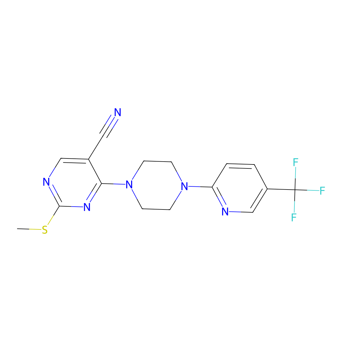 2-(Methylsulfanyl)-4-{4-[5-(trifluoromethyl)pyridin-2-yl]piperazin-1-yl}pyrimidine-5-carbonitrile molecular structure, CAS 2549047-87-0