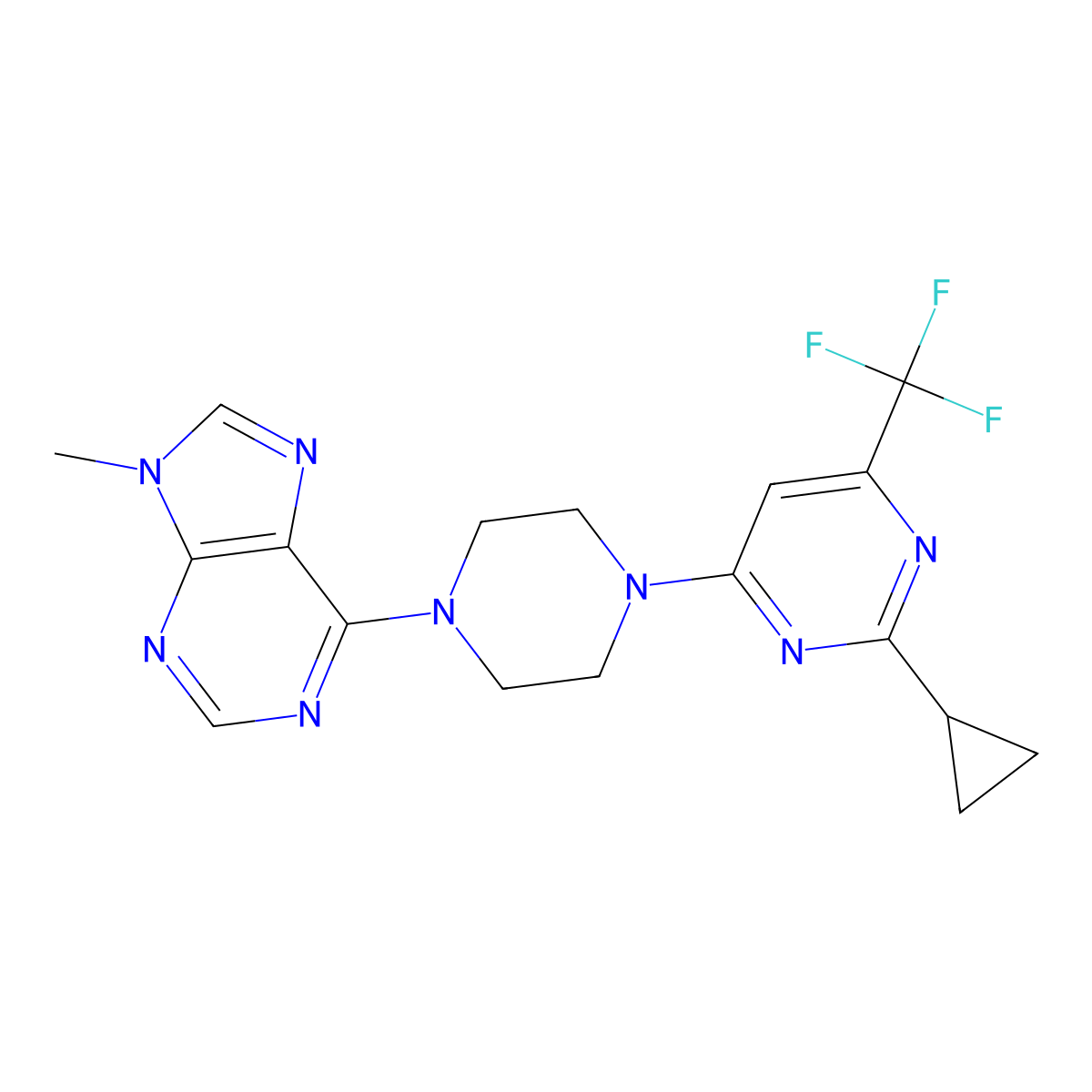 6-{4-[2-cyclopropyl-6-(trifluoromethyl)pyrimidin-4-yl]piperazin-1-yl}-9-methyl-9H-purine molecular structure, CAS 2549047-97-2