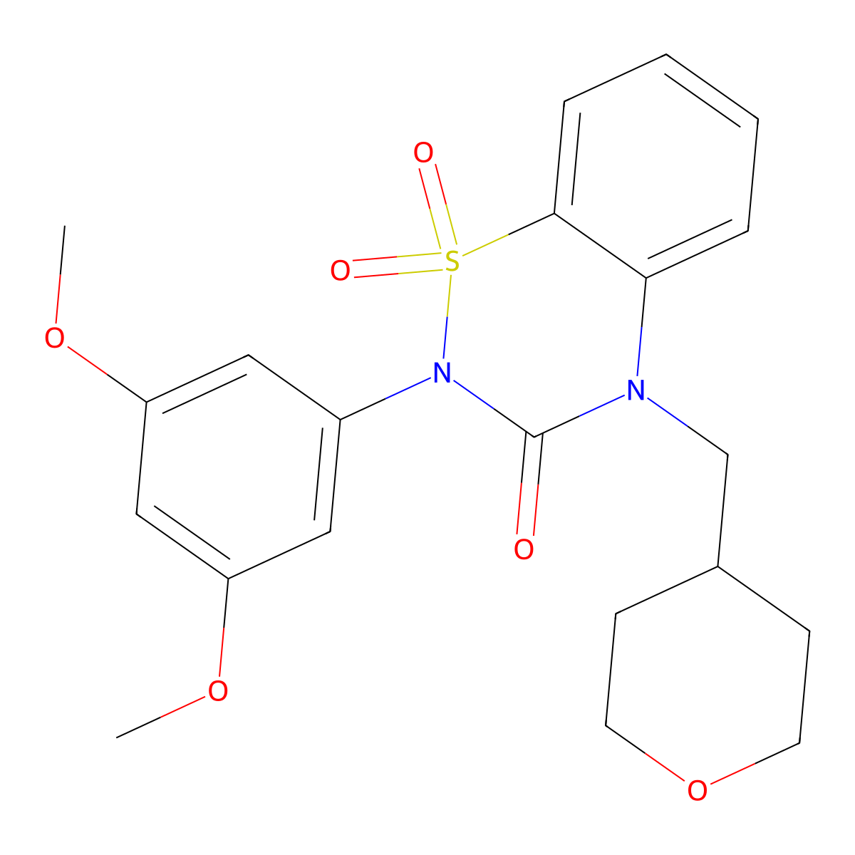 2-(3,5-dimethoxyphenyl)-4-[(oxan-4-yl)methyl]-3,4-dihydro-2H-1lambda6,2,4-benzothiadiazine-1,1,3-trione molecular structure, CAS 2549048-13-5