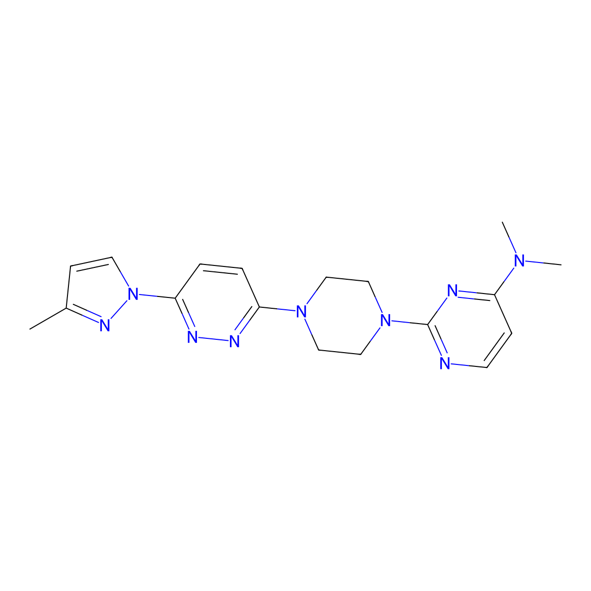 N,N-dimethyl-2-{4-[6-(3-methyl-1H-pyrazol-1-yl)pyridazin-3-yl]piperazin-1-yl}pyrimidin-4-amine molecular structure, CAS 2549048-19-1